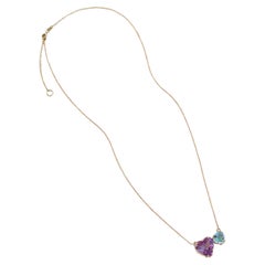 Rosa & Blaue Herz-Halskette - 18 Karat massives Gelbgold - Amethyst und blauer Topas