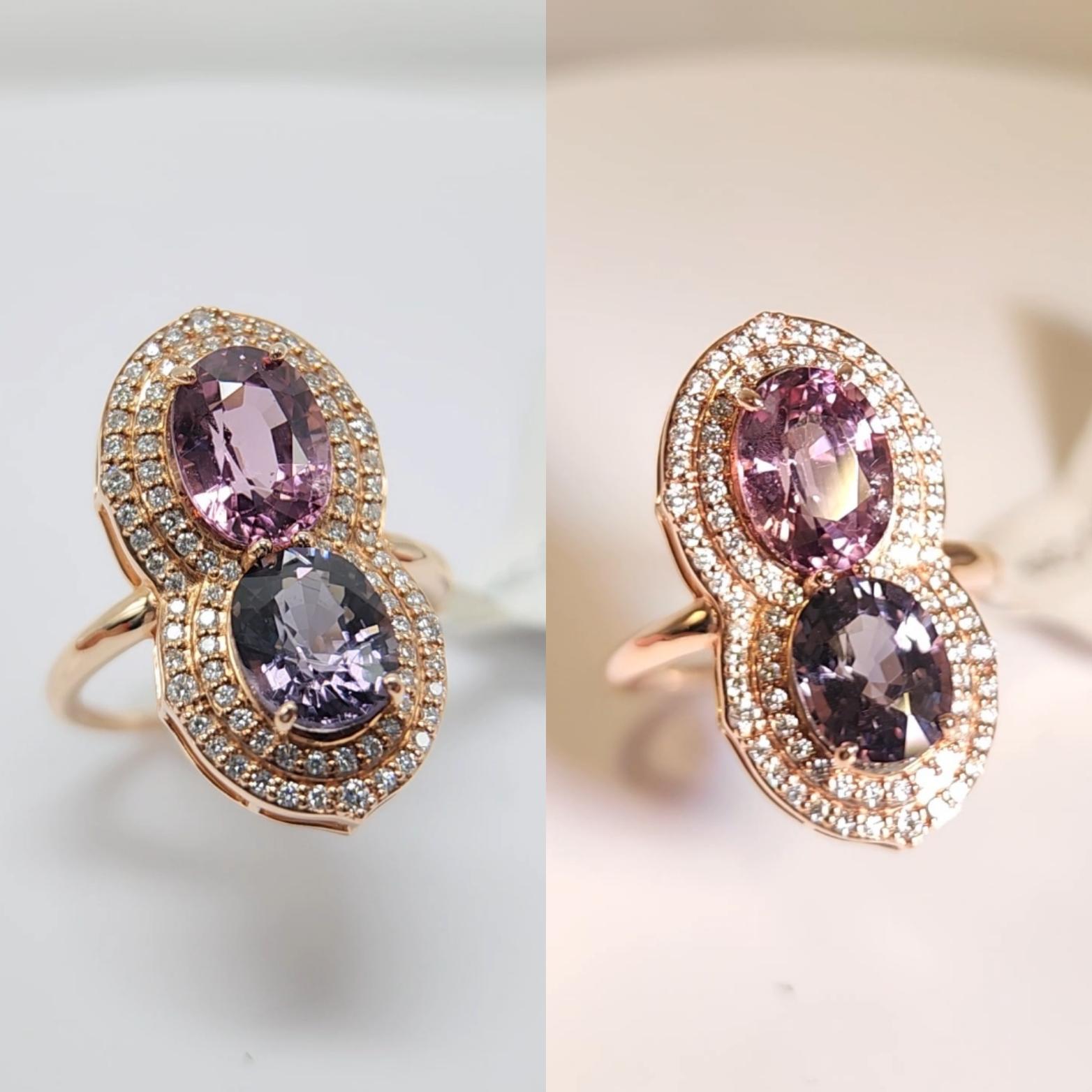 Brillanter 2-Stein-Ring mit rosa und blauem Spinell.
Zwei ovale Brillant-Naturspinelle von insgesamt 5,65 Karat.
eine ist bläulich-grau und eine ist rosa/lila-ähnlich
14k Rose Gold  4,75 Gramm, 
Diamanten insgesamt 0,40 Karat FG-VVS .
Fingergröße