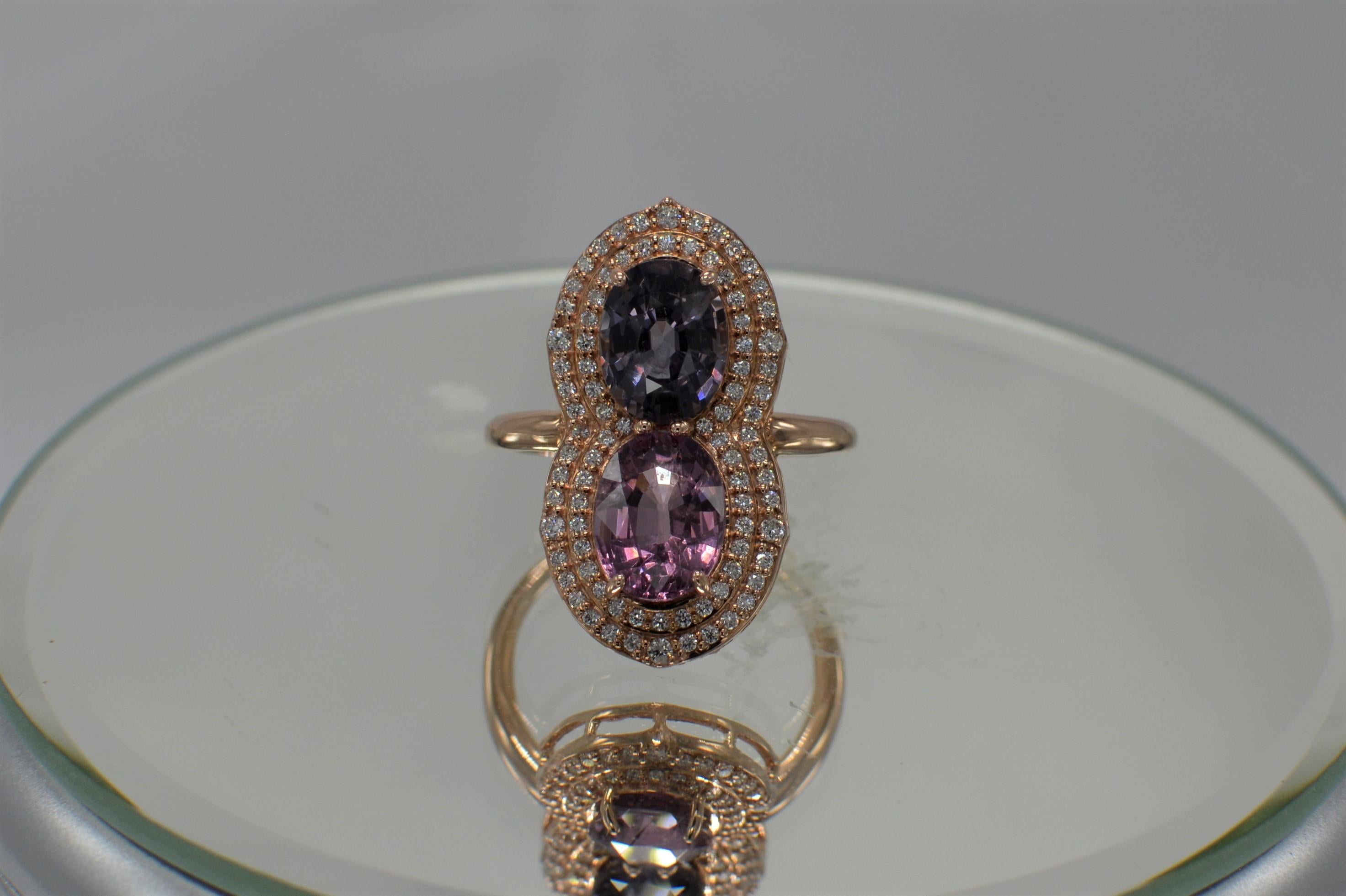 Cocktail-Spinellring aus 14 Karat Roségold mit rosa und blauen natürlichen Spinell-Edelsteinen im Angebot 4