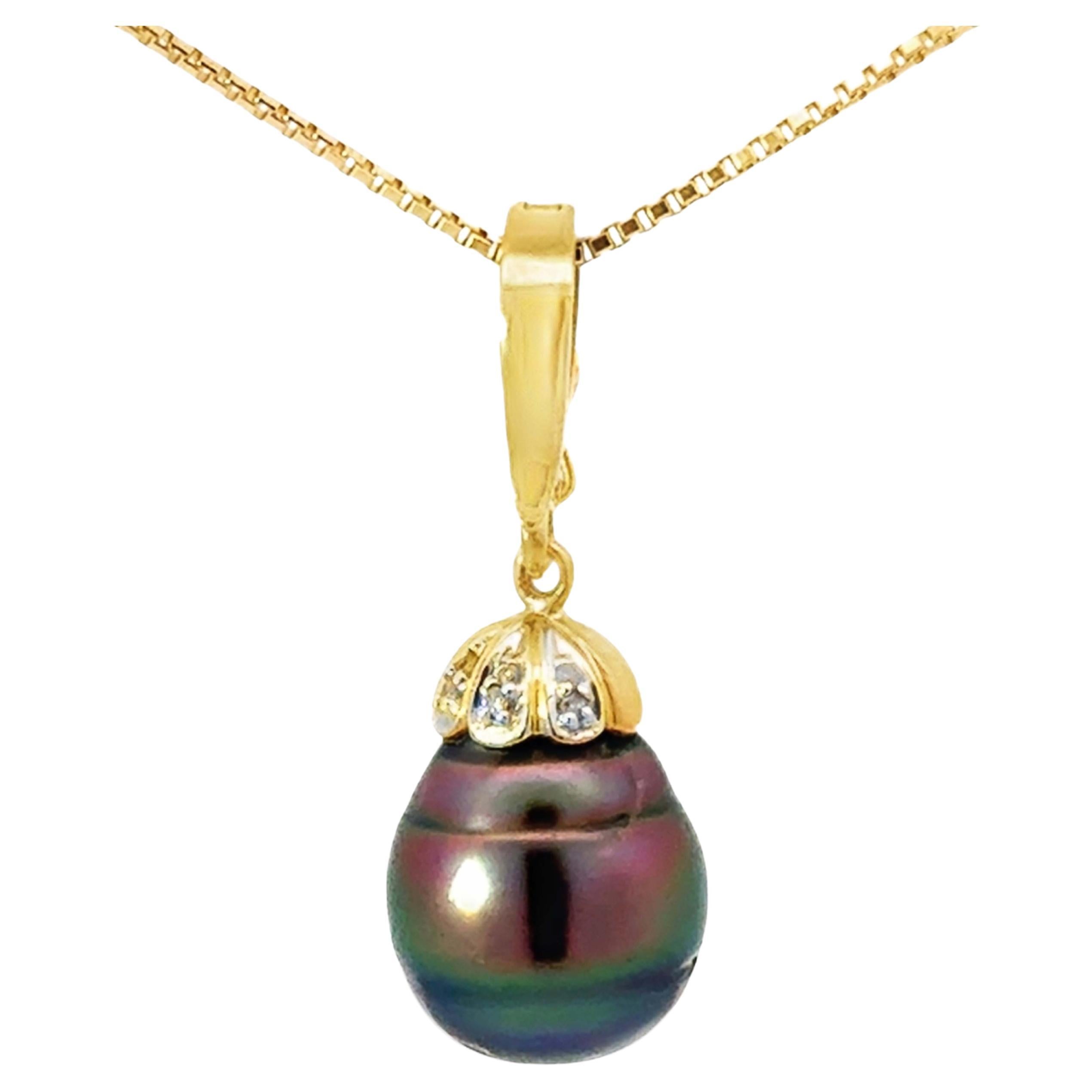 Pink Blue Peacock Tahitian Pearl Diamond Pendant on Box Chain 18k Yellow Gold