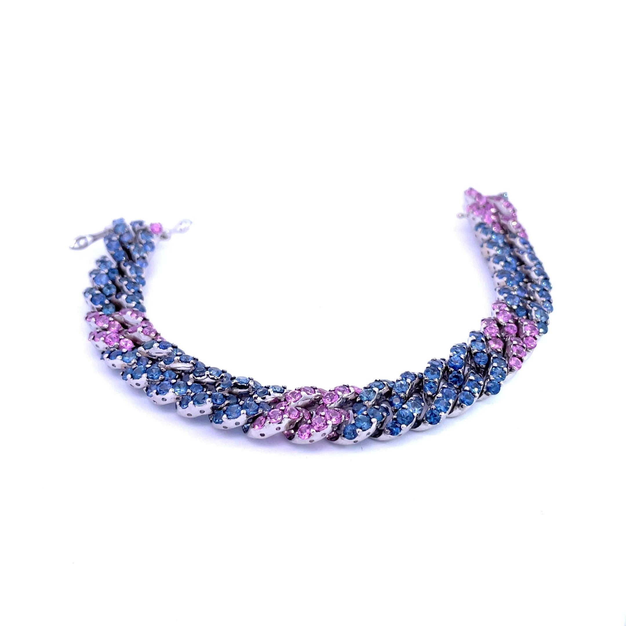 Contemporary Pink and Blue Sapphire Curb Link Bracelet with over 20.00ct in 18kt White Gold For Sale