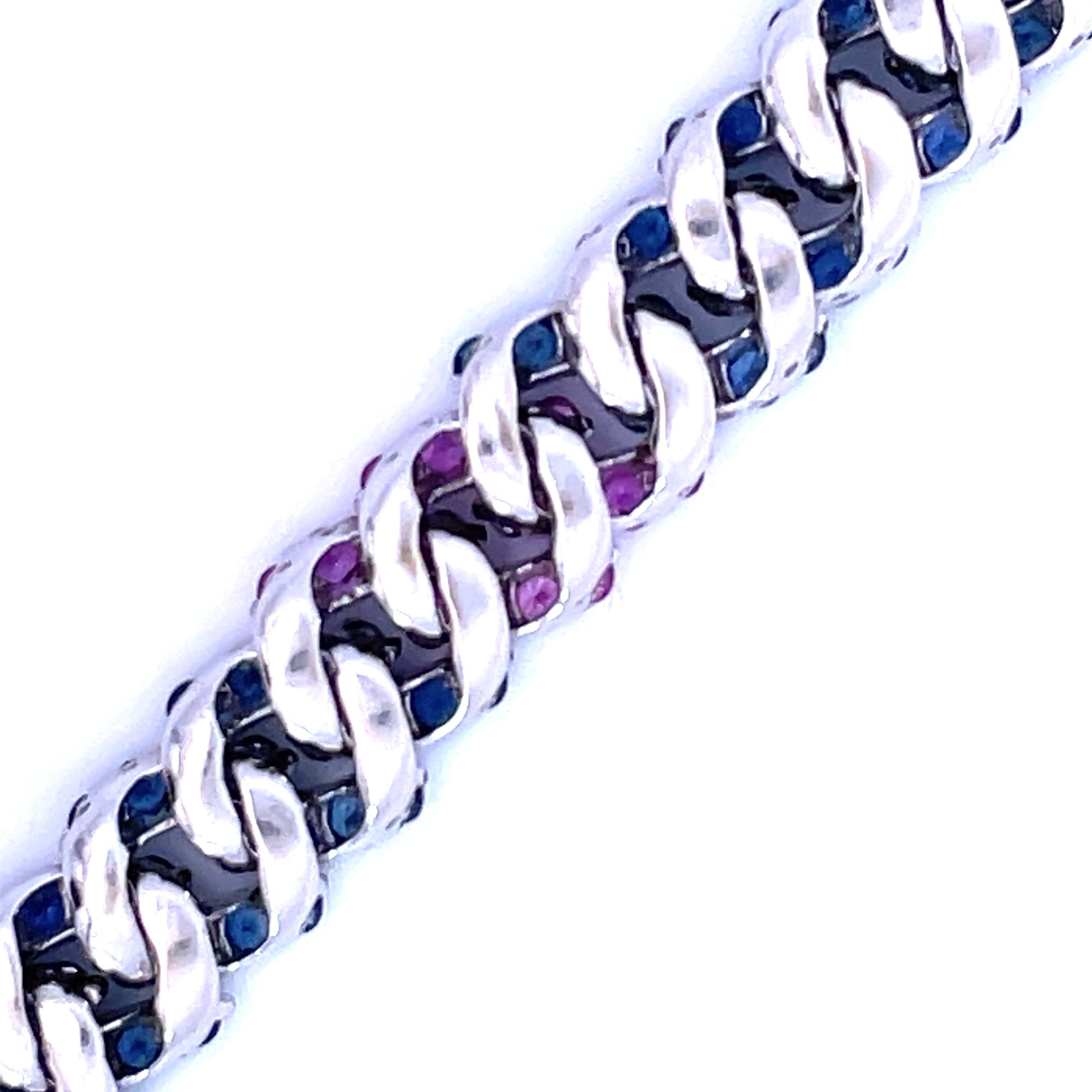 Round Cut Pink and Blue Sapphire Curb Link Bracelet with over 20.00ct in 18kt White Gold For Sale
