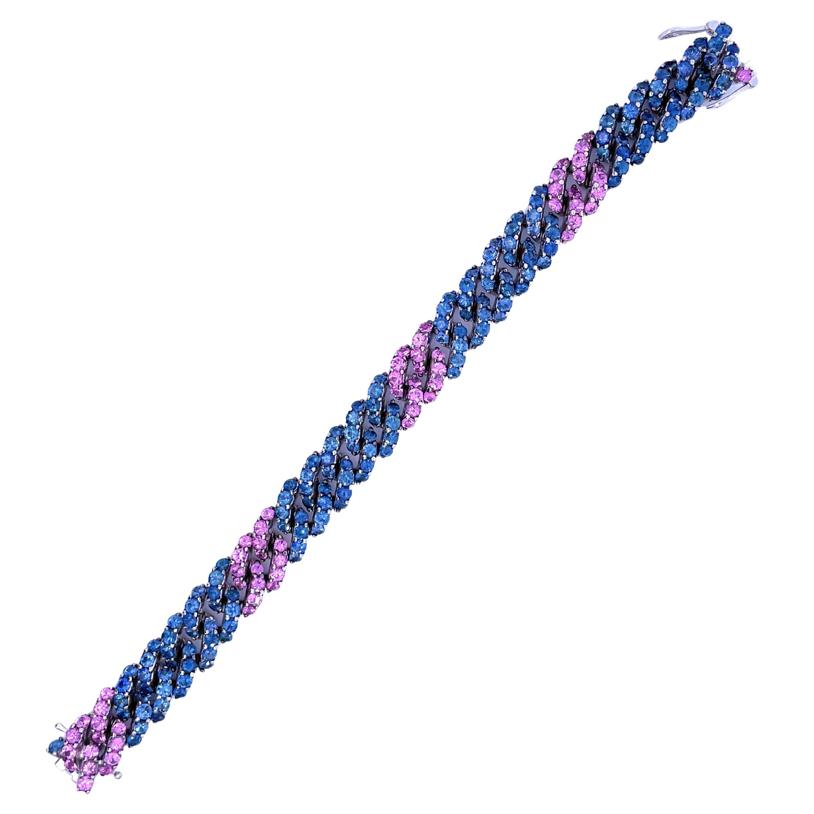 Pink and Blue Sapphire Curb Link Bracelet with over 20.00ct in 18kt White Gold For Sale