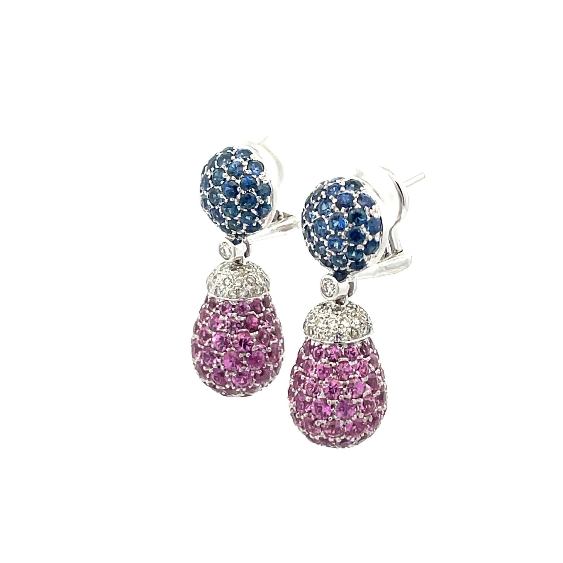 Contemporary  Pink & Blue Sapphire & Diamond Teardrop  Earrings in 18 Kt White Gold  For Sale