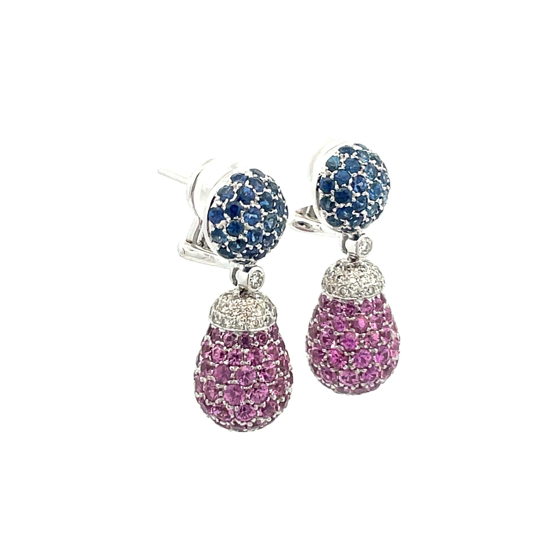 Round Cut  Pink & Blue Sapphire & Diamond Teardrop  Earrings in 18 Kt White Gold  For Sale
