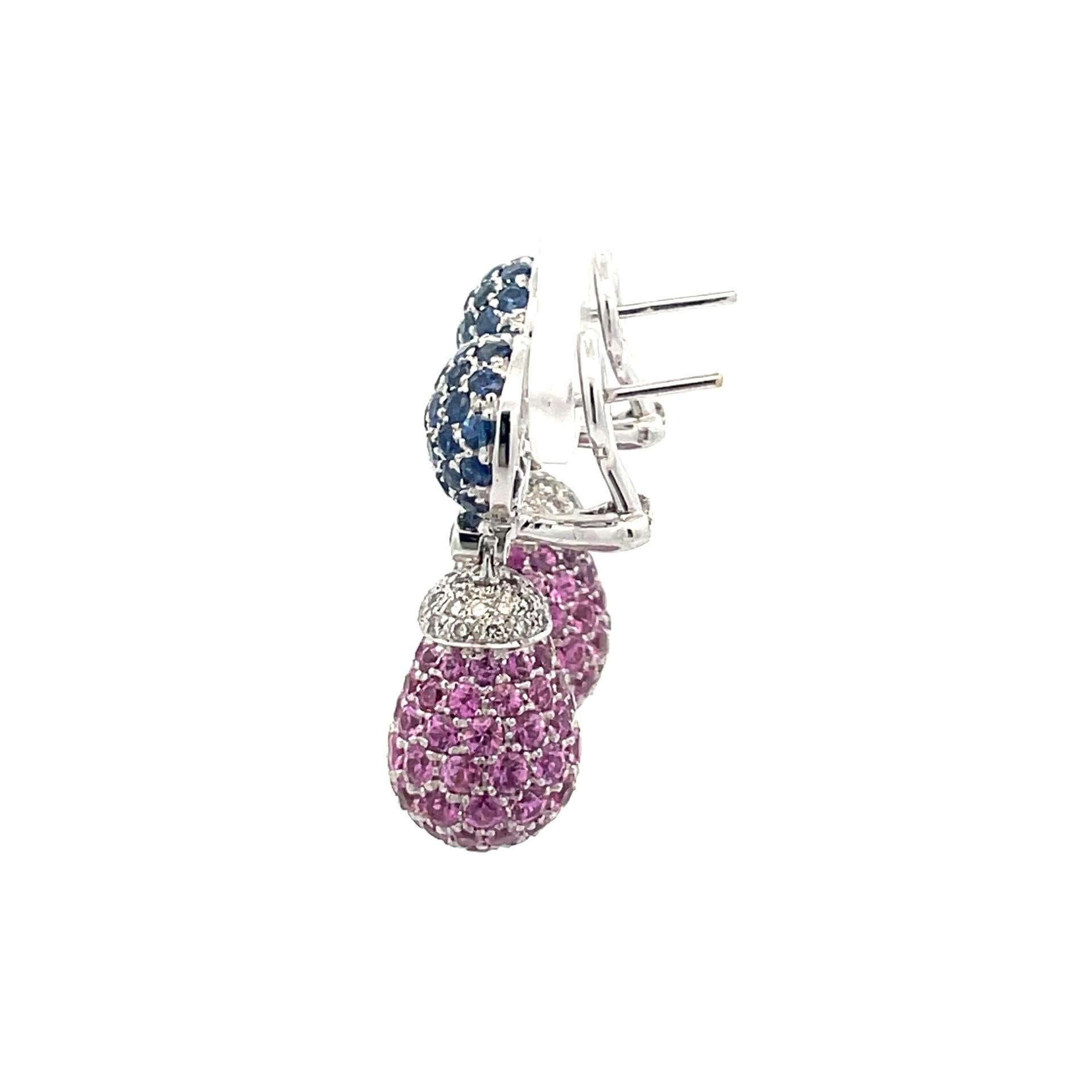 Pink & Blue Sapphire & Diamond Teardrop  Earrings in 18 Kt White Gold  In New Condition For Sale In Westmount, CA