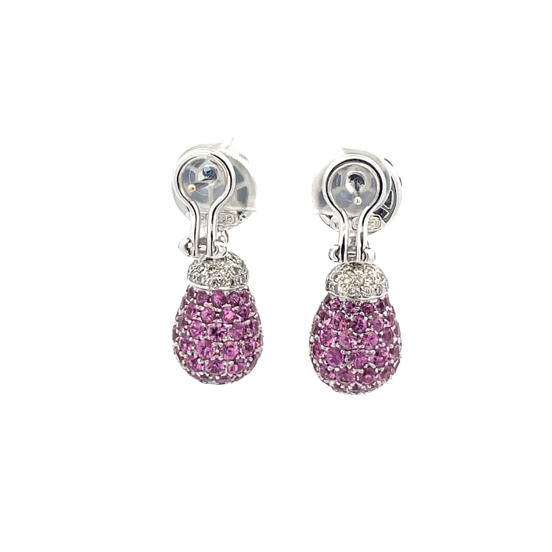 Pink & Blue Sapphire & Diamond Teardrop  Earrings in 18 Kt White Gold  For Sale 1