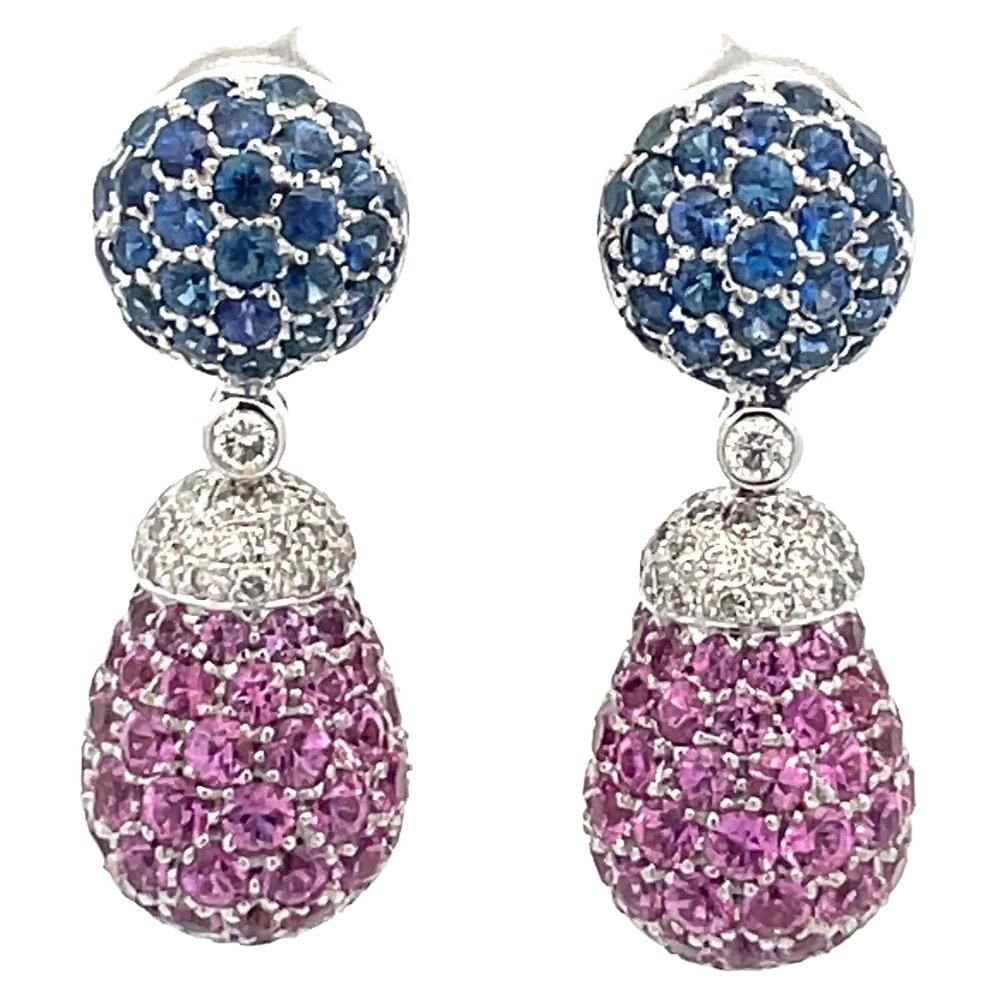  Pink & Blue Sapphire & Diamond Teardrop  Earrings in 18 Kt White Gold  For Sale