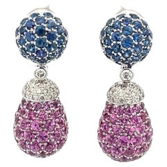  Perle de larme en saphir rose et bleu et diamant  Boucles d'oreilles en or blanc 18 carats 