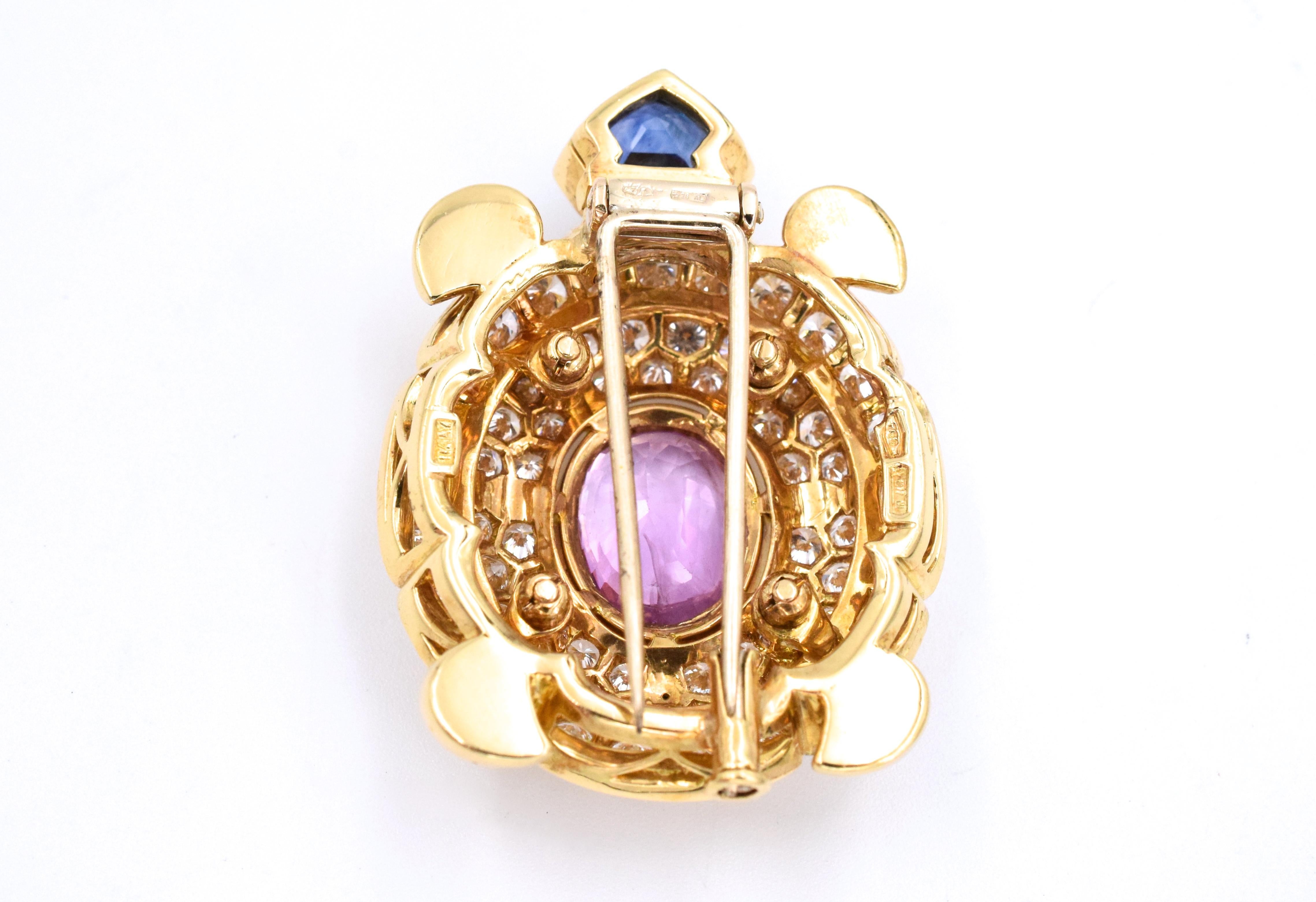 Pink Blue Sapphire Diamond Turtle Brooch In Excellent Condition In New York, NY