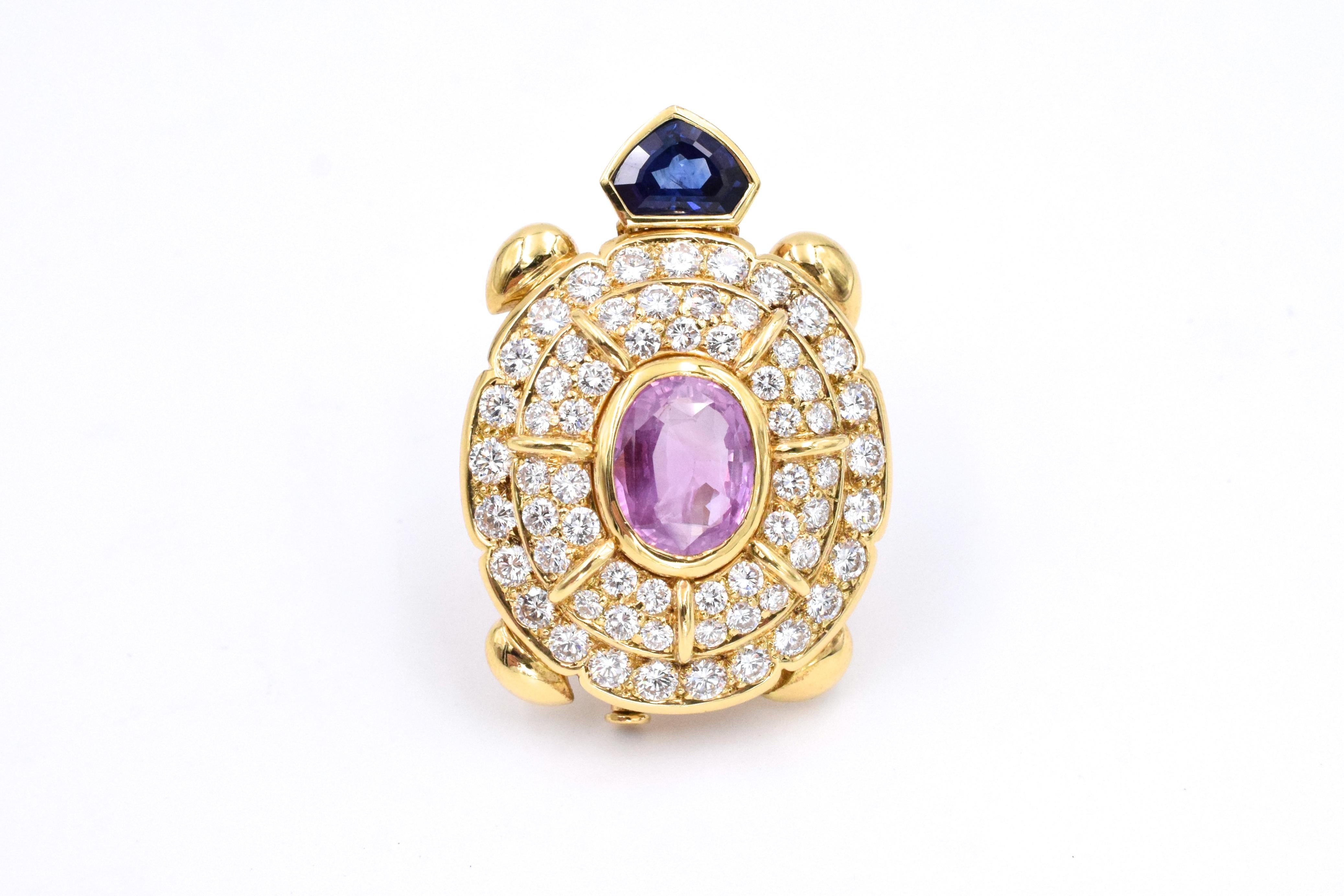 Beautiful pink & blue sapphire with diamonds turtle brooch.
The brooch is composed of:
Oval shape pink sapphire weighs 6.50carat
Blue sapphire, weighs 1.50carat
Brilliant cut diamonds, weigh approximately 4.40carat
Set in 18k yellow gold.