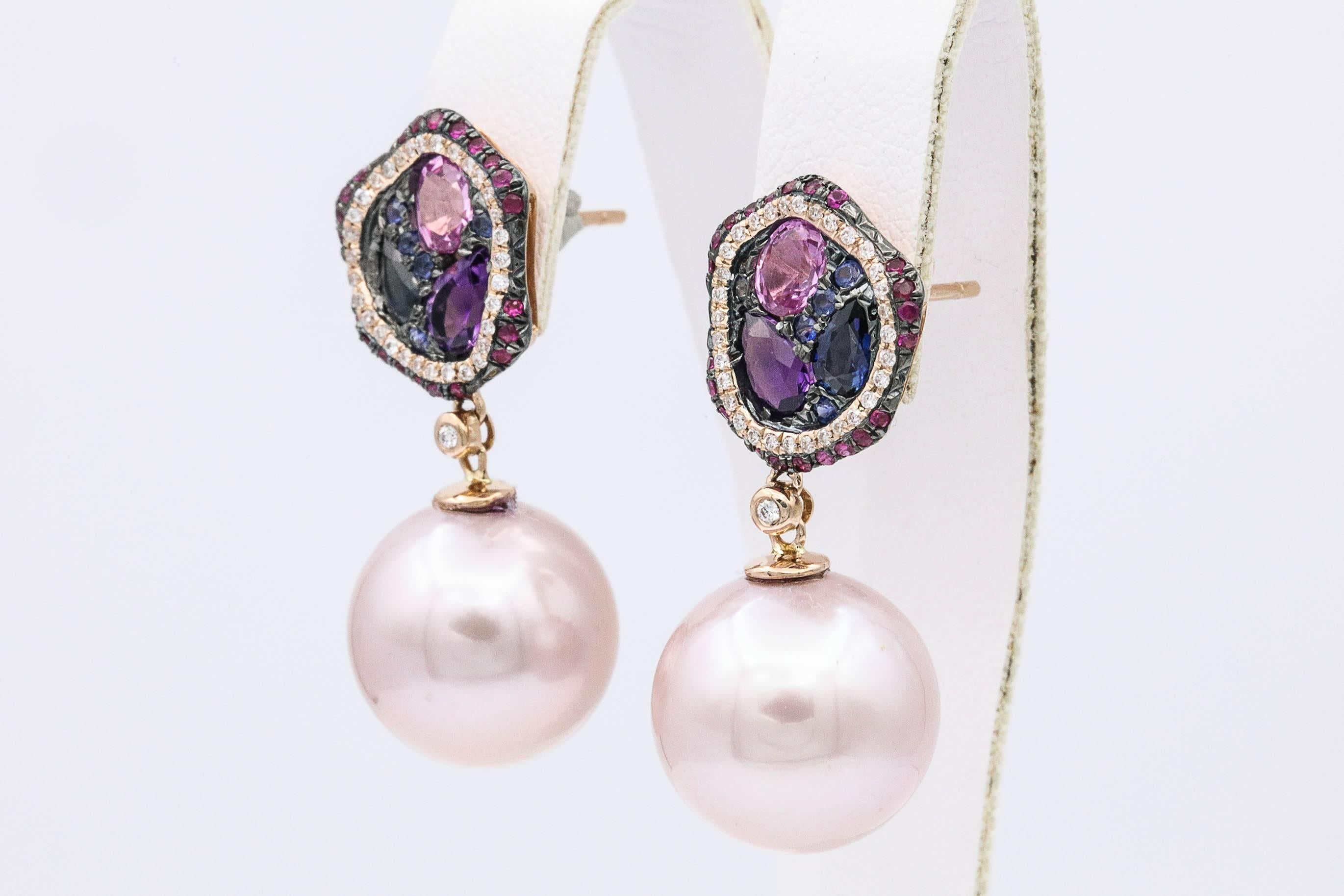 Modern Pink-Blue Sapphire with Diamonds Accent, Pink Freshwater Pearl Dangle Earrings For Sale