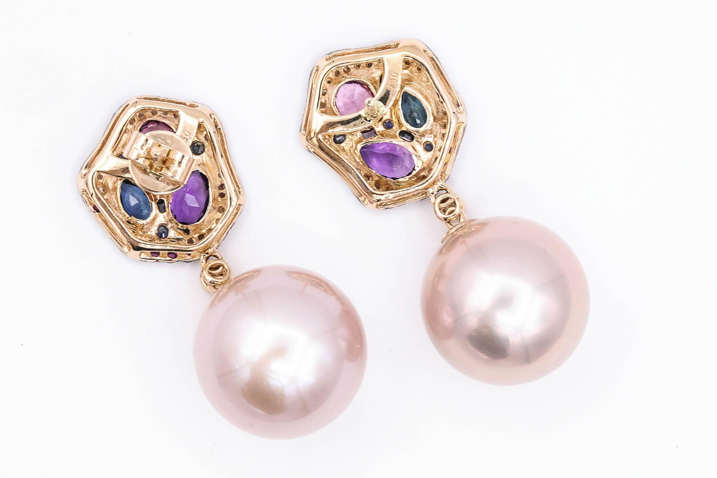 Pink-Blue Sapphire with Diamonds Accent, Pink Freshwater Pearl Dangle Earrings In New Condition For Sale In New York, NY