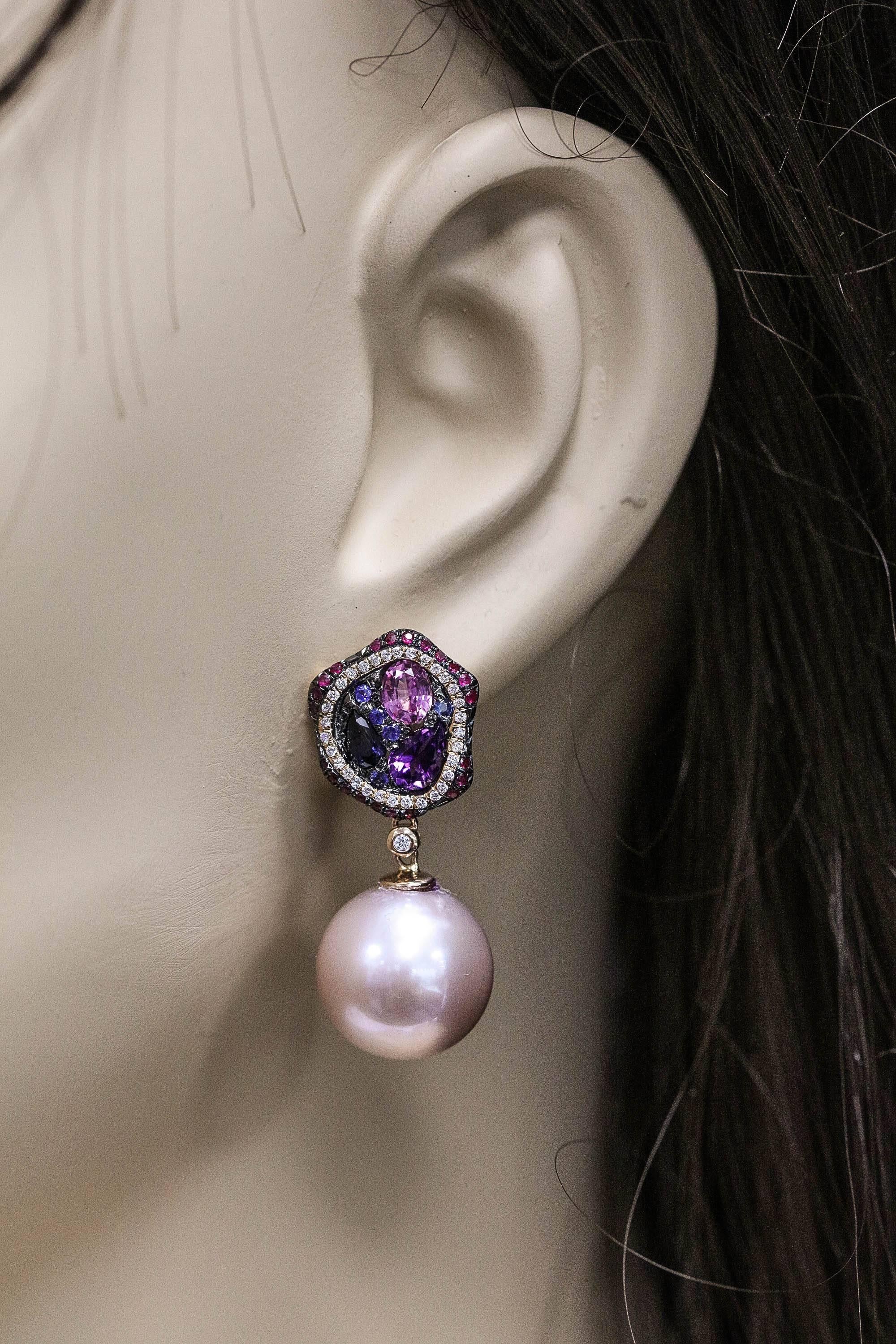 Pink-Blue Sapphire with Diamonds Accent, Pink Freshwater Pearl Dangle Earrings For Sale 2