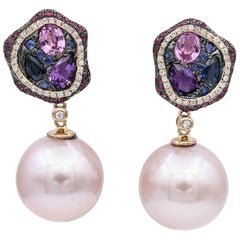 Pink-Blue Sapphire with Diamonds Accent, Pink Freshwater Pearl Dangle Earrings