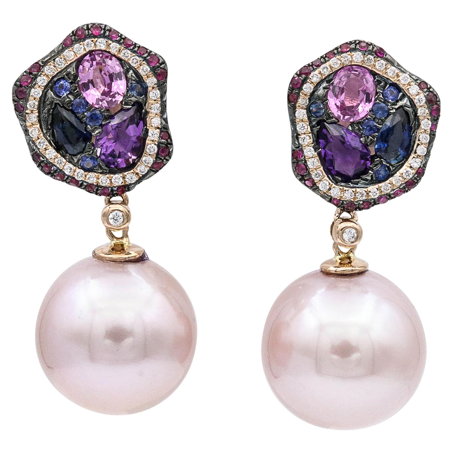 Pink-Blue Sapphire with Diamonds Accent, Pink Freshwater Pearl Dangle Earrings For Sale