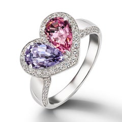 Pink & Blue Spinels Love Ring, 18k White Gold Pink & Blue Spinels Diamonds Ring