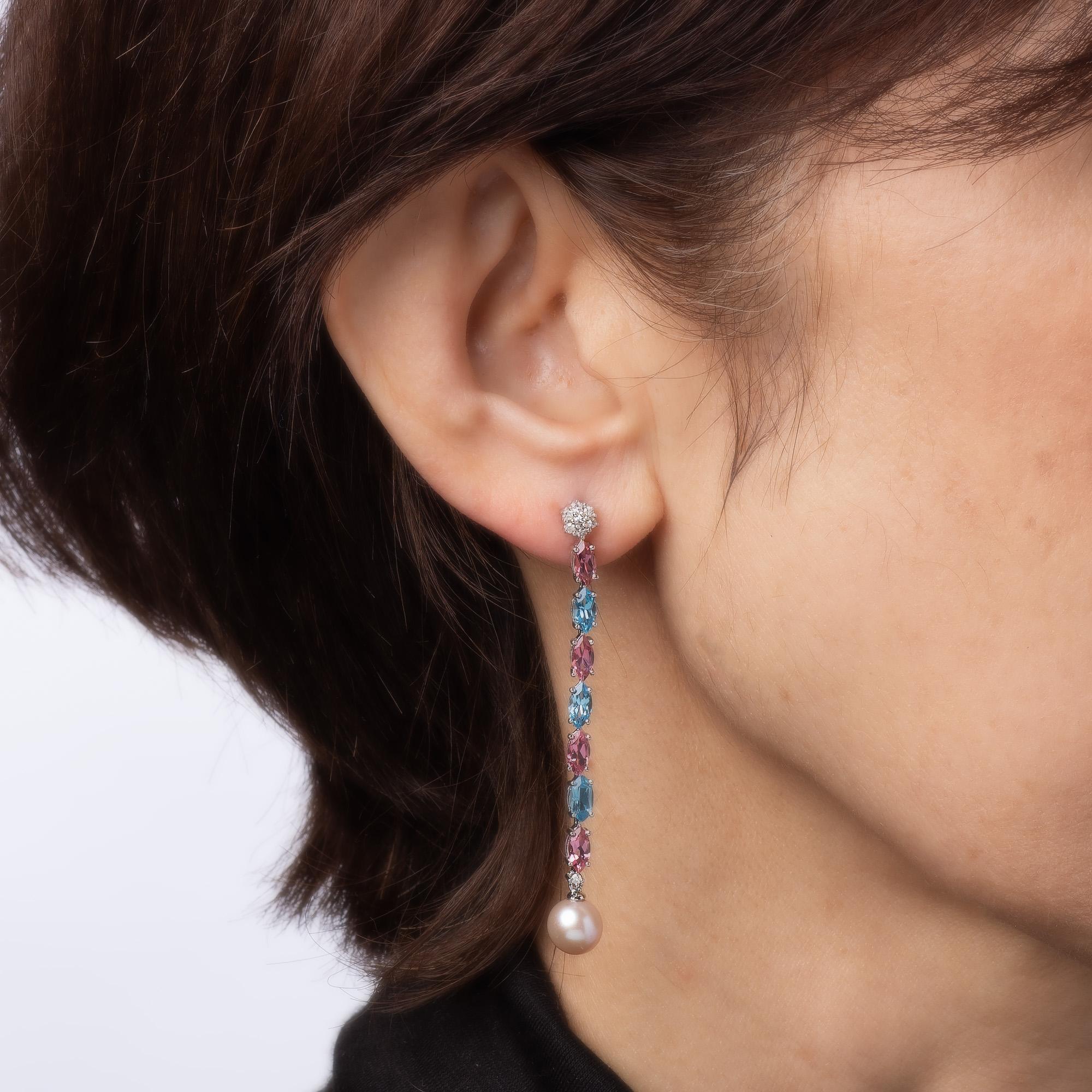 Modern Pink & Blue Topaz Long Drop Earrings Pearl Diamond Estate 14k White Gold For Sale