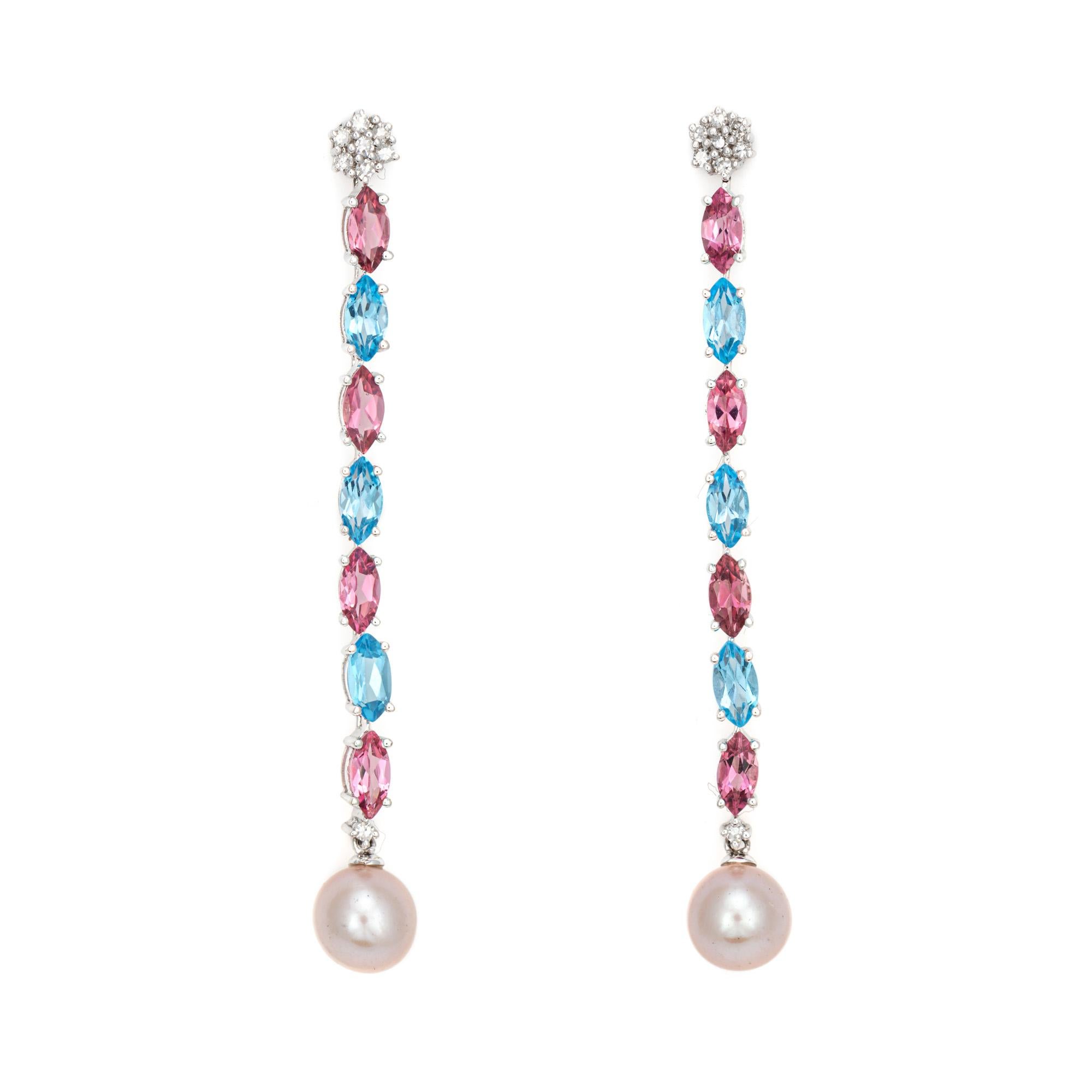 Oval Cut Pink & Blue Topaz Long Drop Earrings Pearl Diamond Estate 14k White Gold For Sale