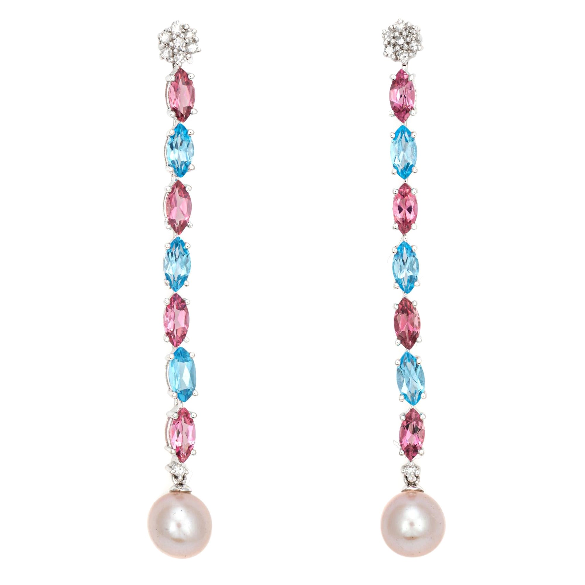 Rosa & Blauer Topas Lange Tropfenohrringe 2,25" Perle Diamant Nachlass 14k Weißgold