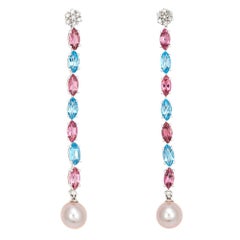 Rosa & Blauer Topas Lange Tropfenohrringe 2,25" Perle Diamant Nachlass 14k Weißgold