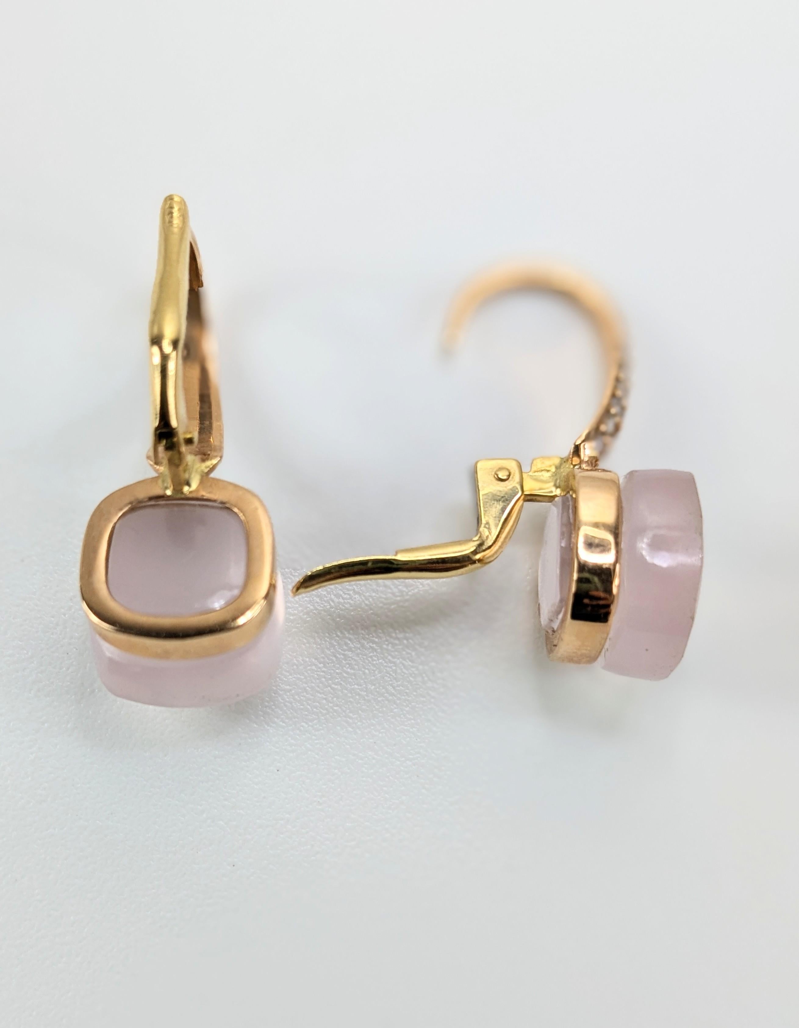 Esagono Rosa  Orecchini pendenti in quarzo sfaccettato in oro 18 ct con pavé di diamanti in vendita