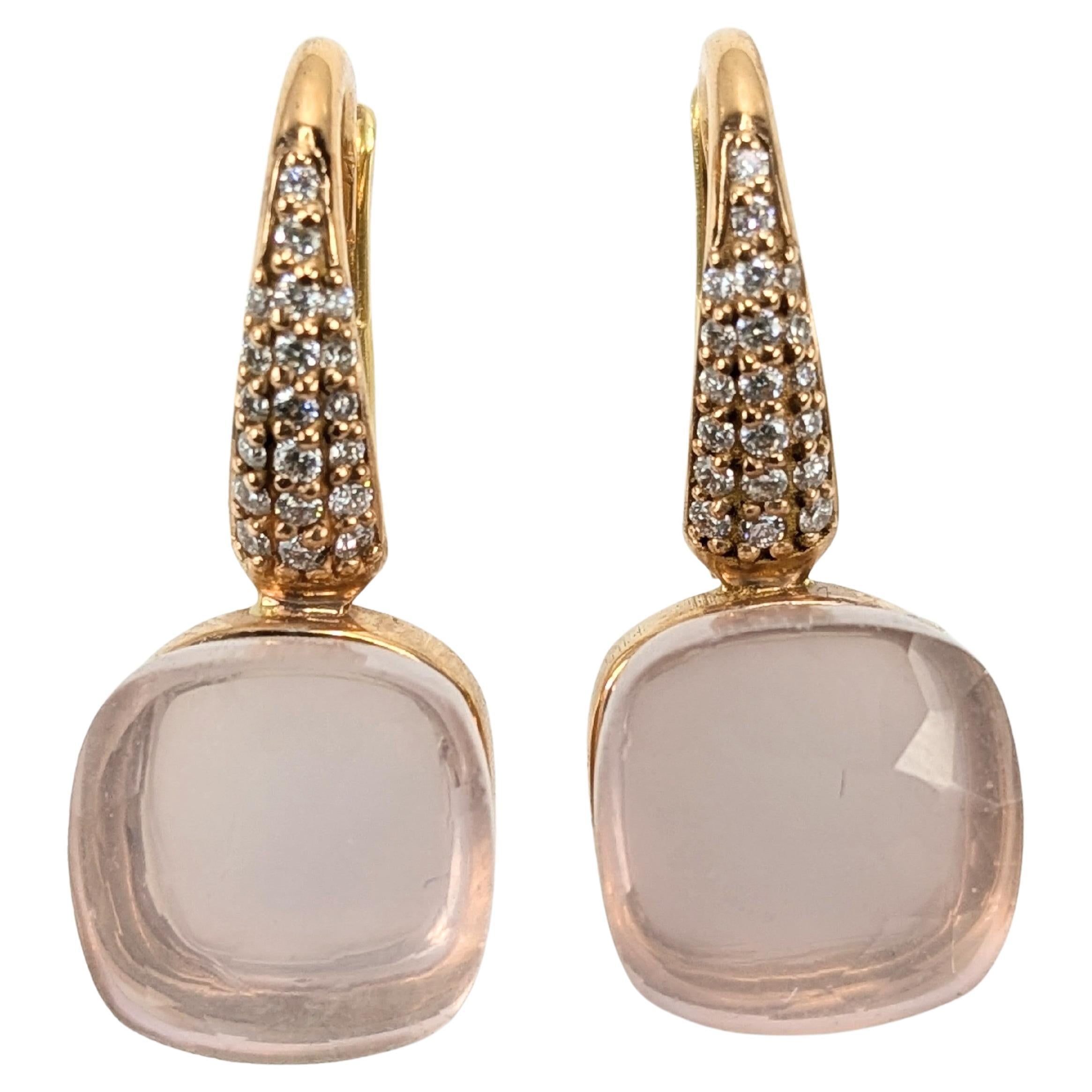 Rosa  Pendientes Colgantes de Cuarzo Rubor Multifacetado de Oro de 18k con Pavé de Diamantes