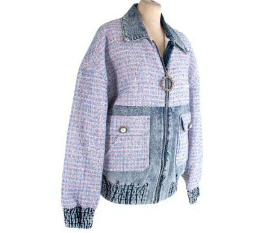 Alessandra Rich Pink boucle tweed & denim blouson jacket
 
 - Retro-inspired blouson jacket in a pale pink and blue boucle tweed with acid-wash denim patches
 - Point collar, zip-through fastening with decorative crystal zip-pull
 - Large pockets