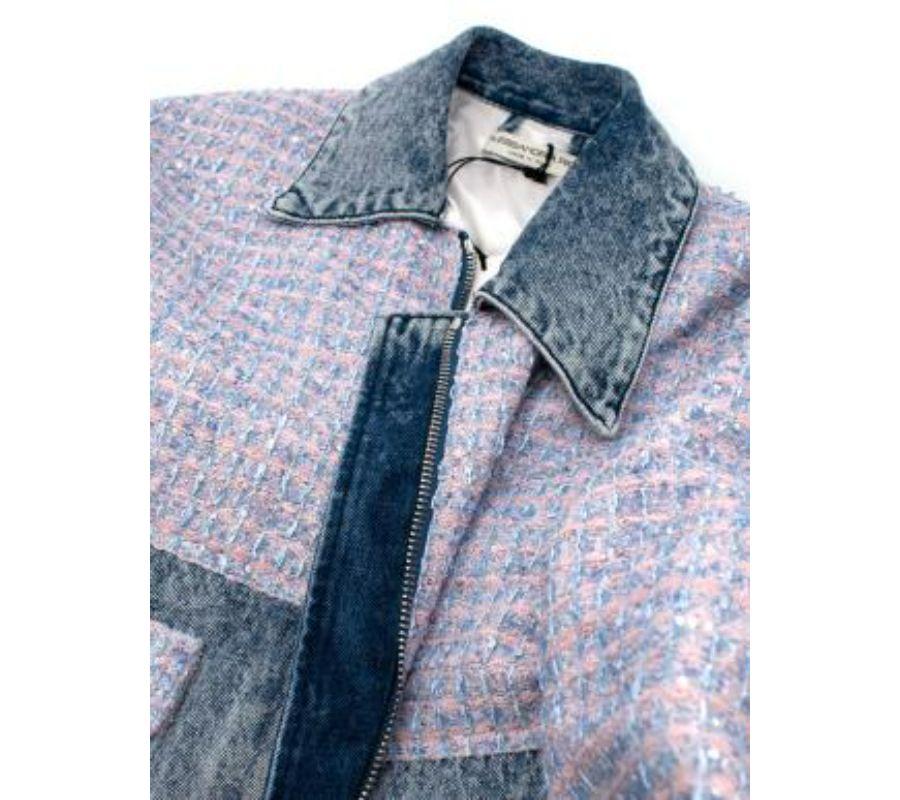 Pink boucle tweed & denim blouson jacket In Excellent Condition For Sale In London, GB