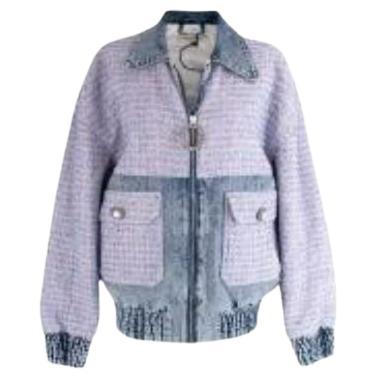 Pink boucle tweed & denim blouson jacket For Sale