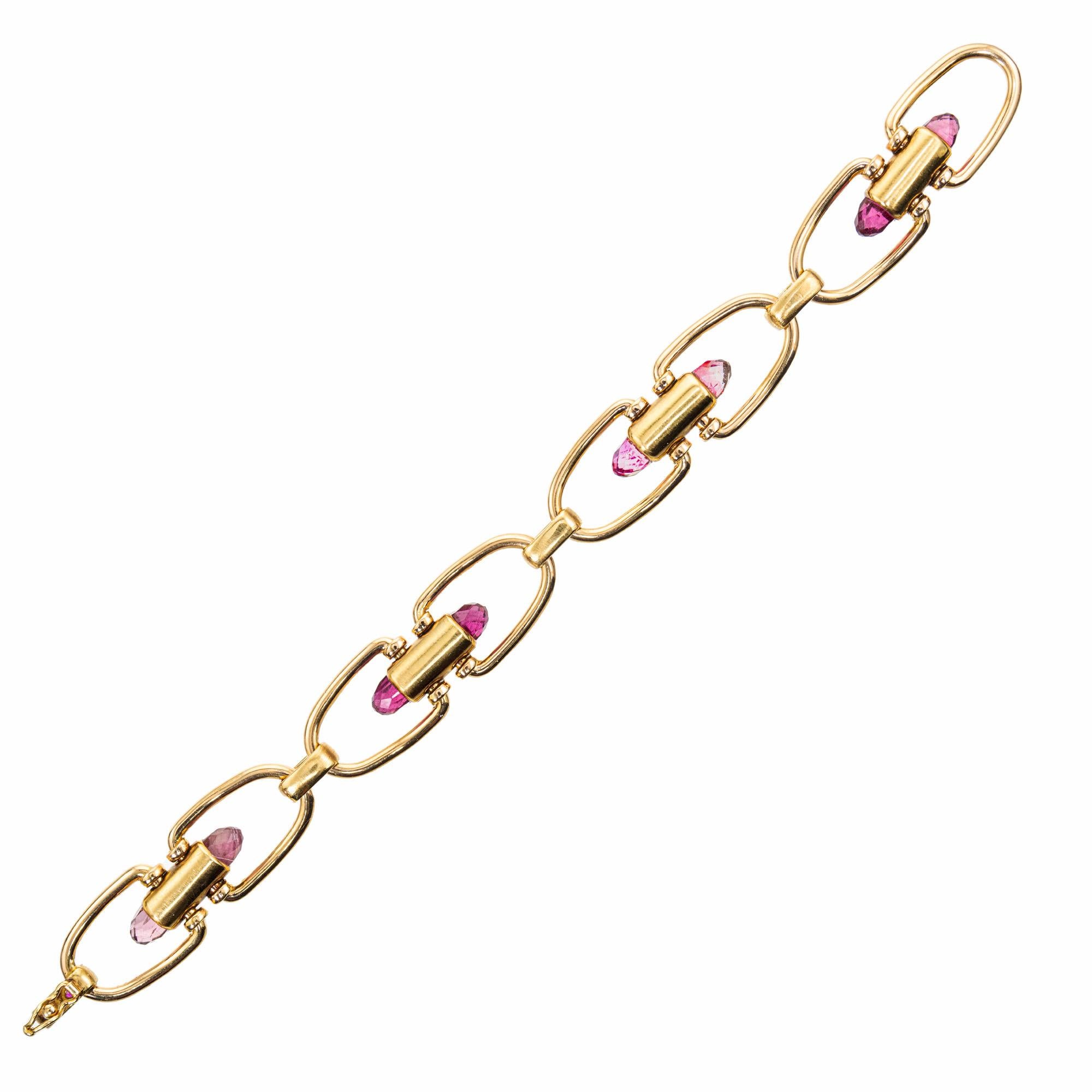 Cabochon Pink Briolette Tourmaline Ruby Diamond Rose Gold Link Bracelet For Sale