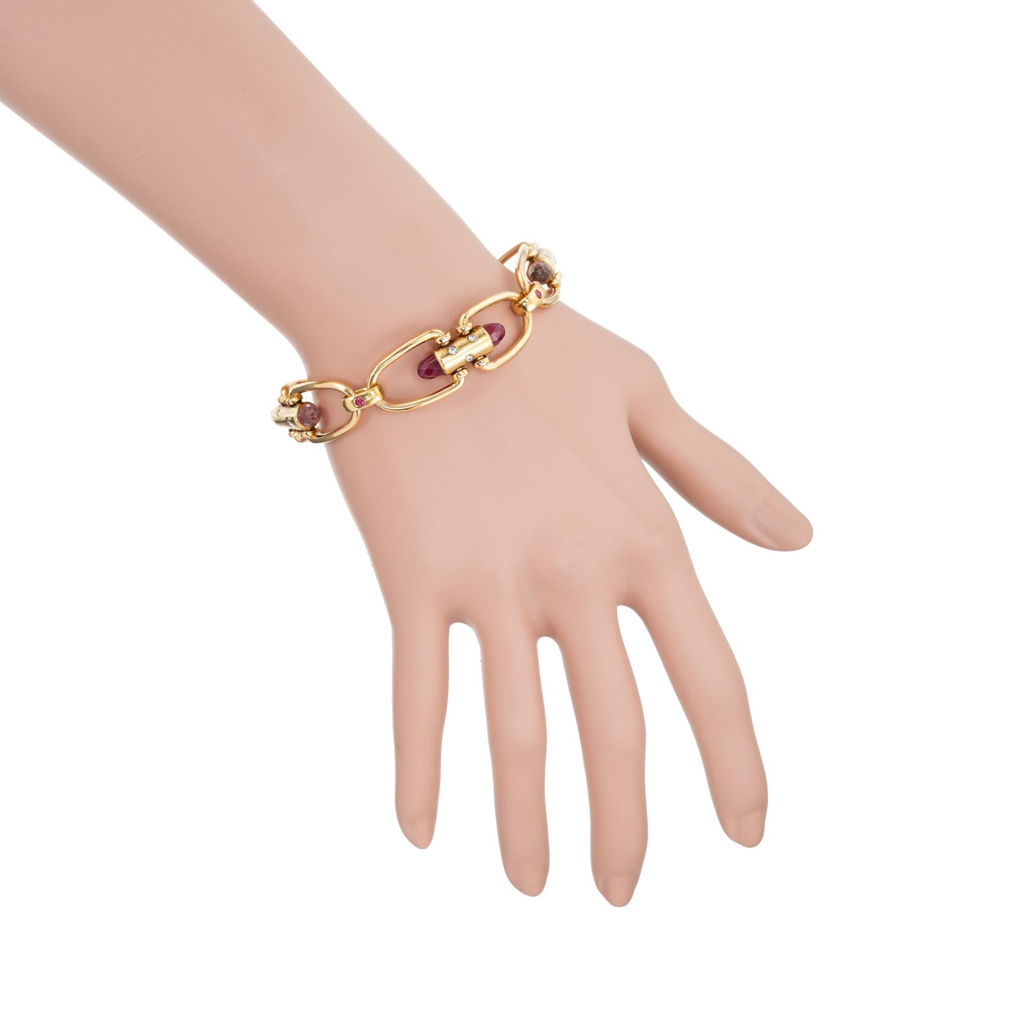 Women's Pink Briolette Tourmaline Ruby Diamond Rose Gold Link Bracelet For Sale