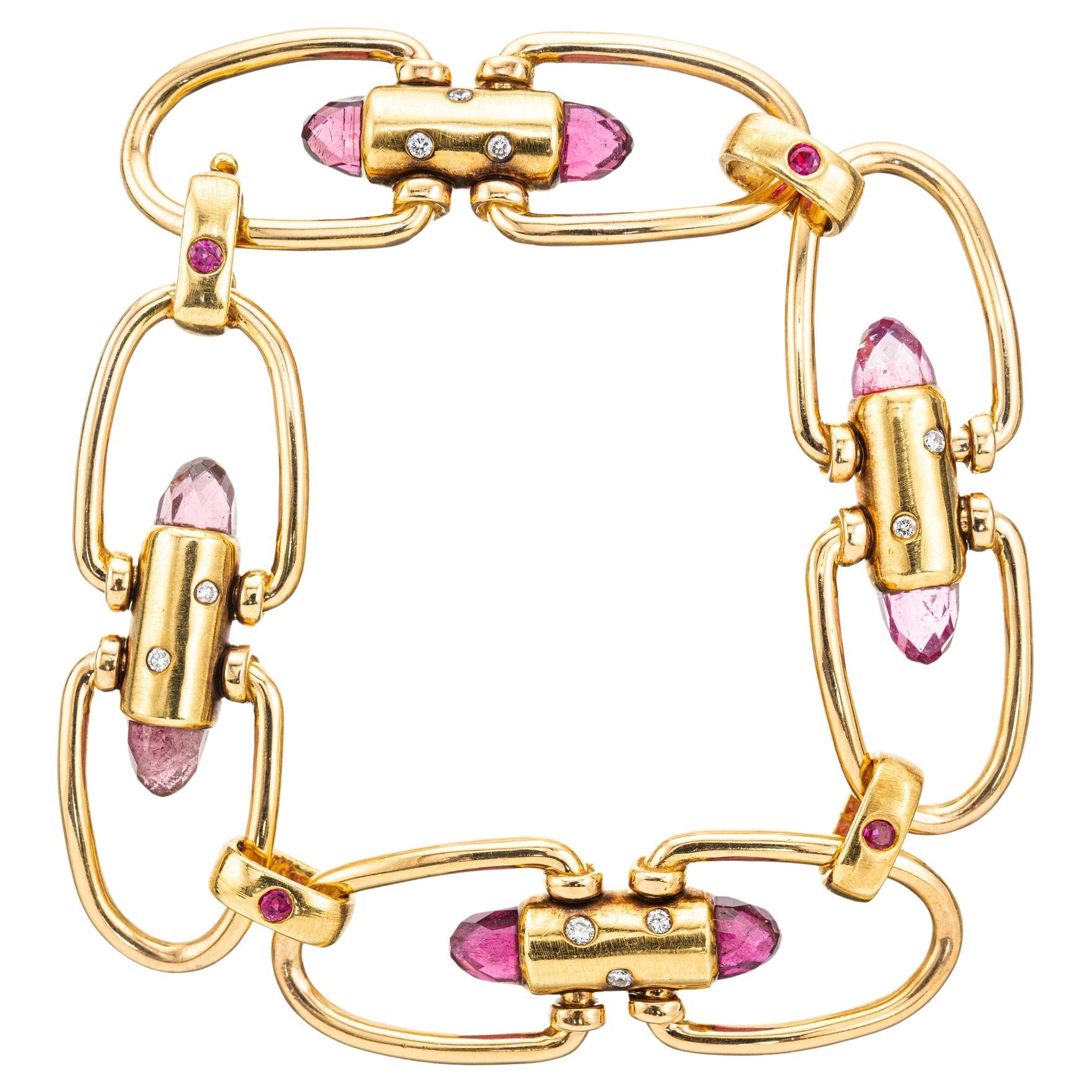 Gliederarmband aus Roségold mit rosa Briolette-Turmalin, Rubin und Diamant