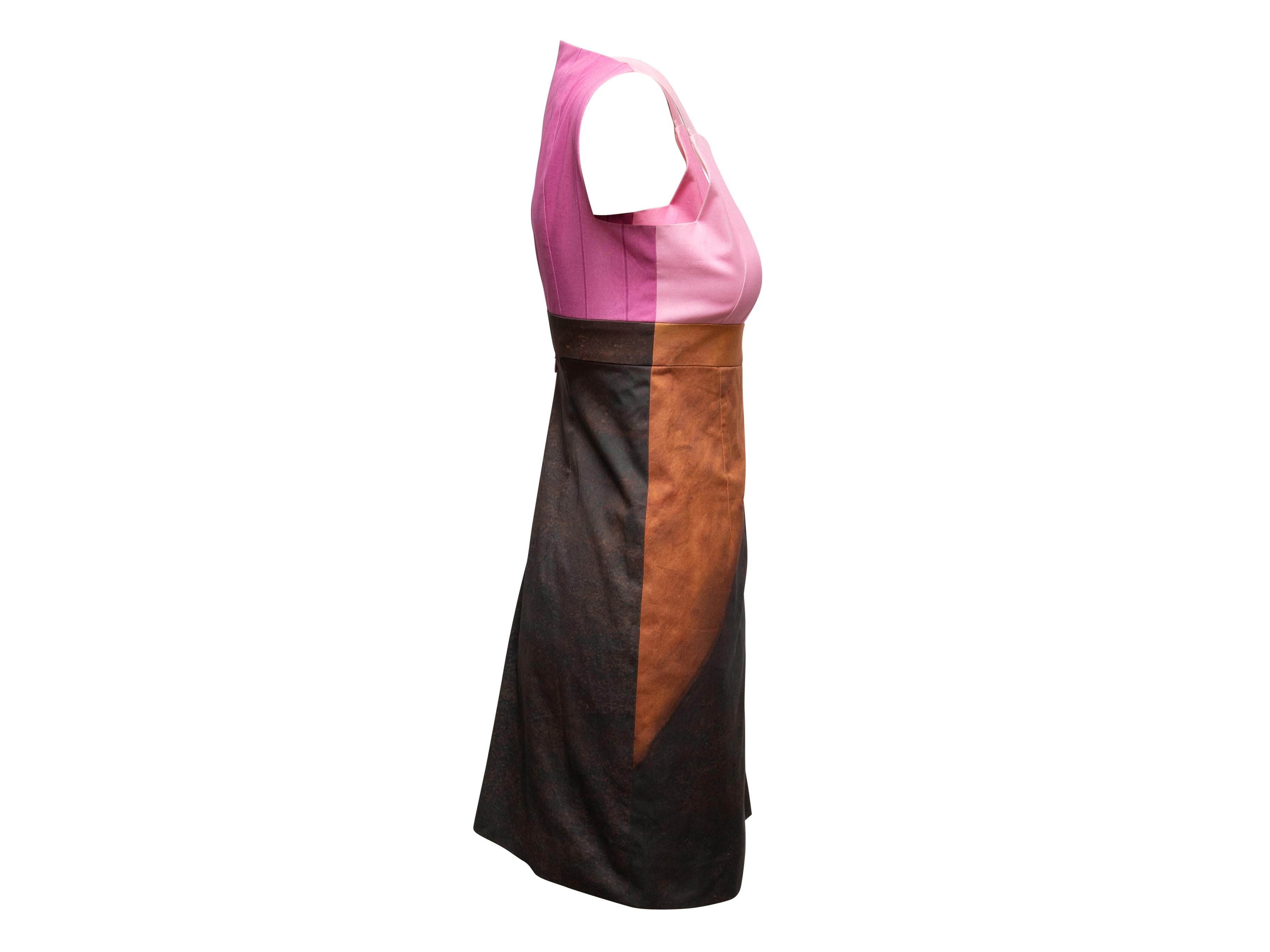 Pink and brown sleeveless color block dress by Akris. Square neckline. Zip closure at center back. 28