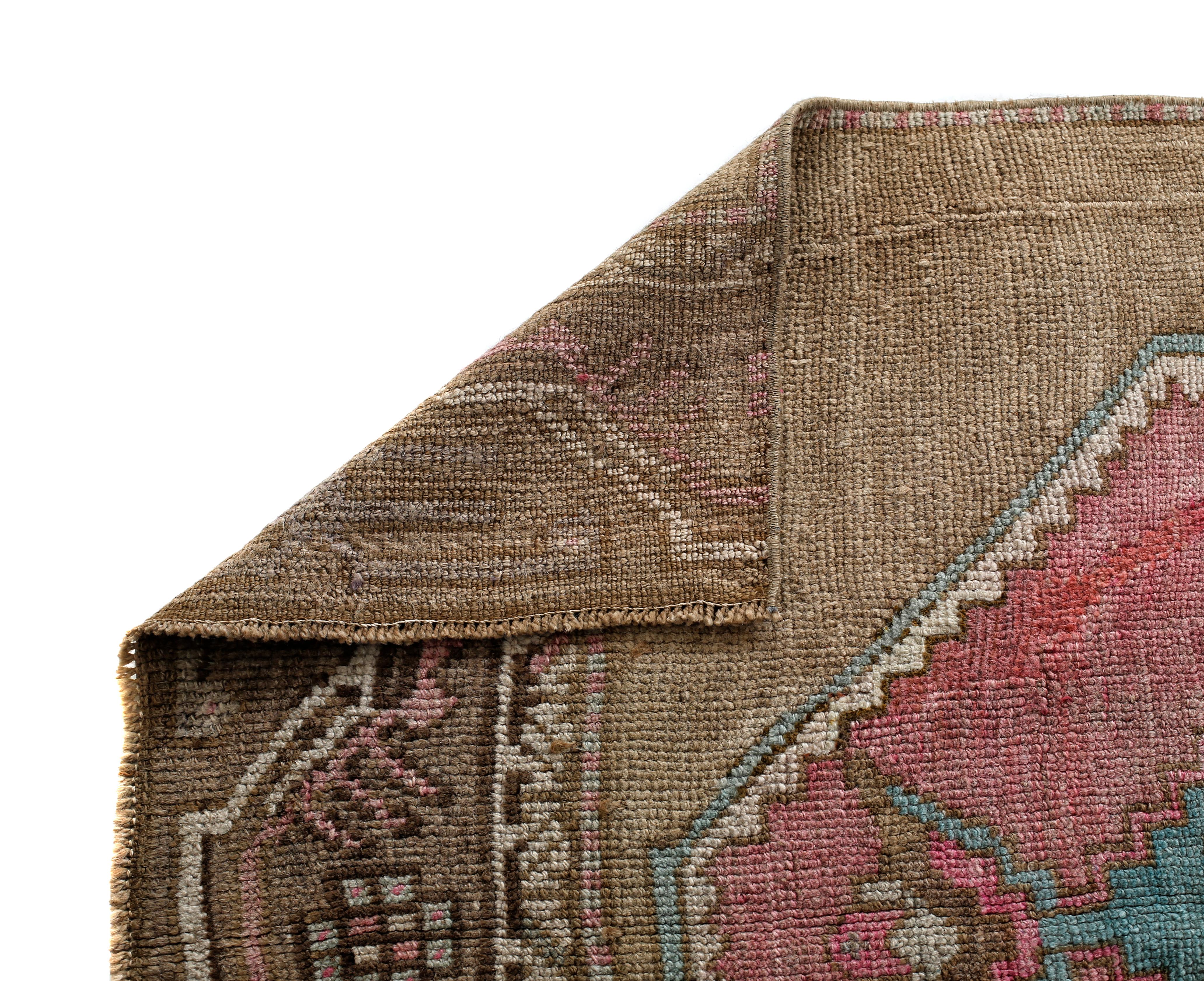 Oushak Pink, Brown and Blue Handmade Wool Turkish Old Anatolian Konya Rug