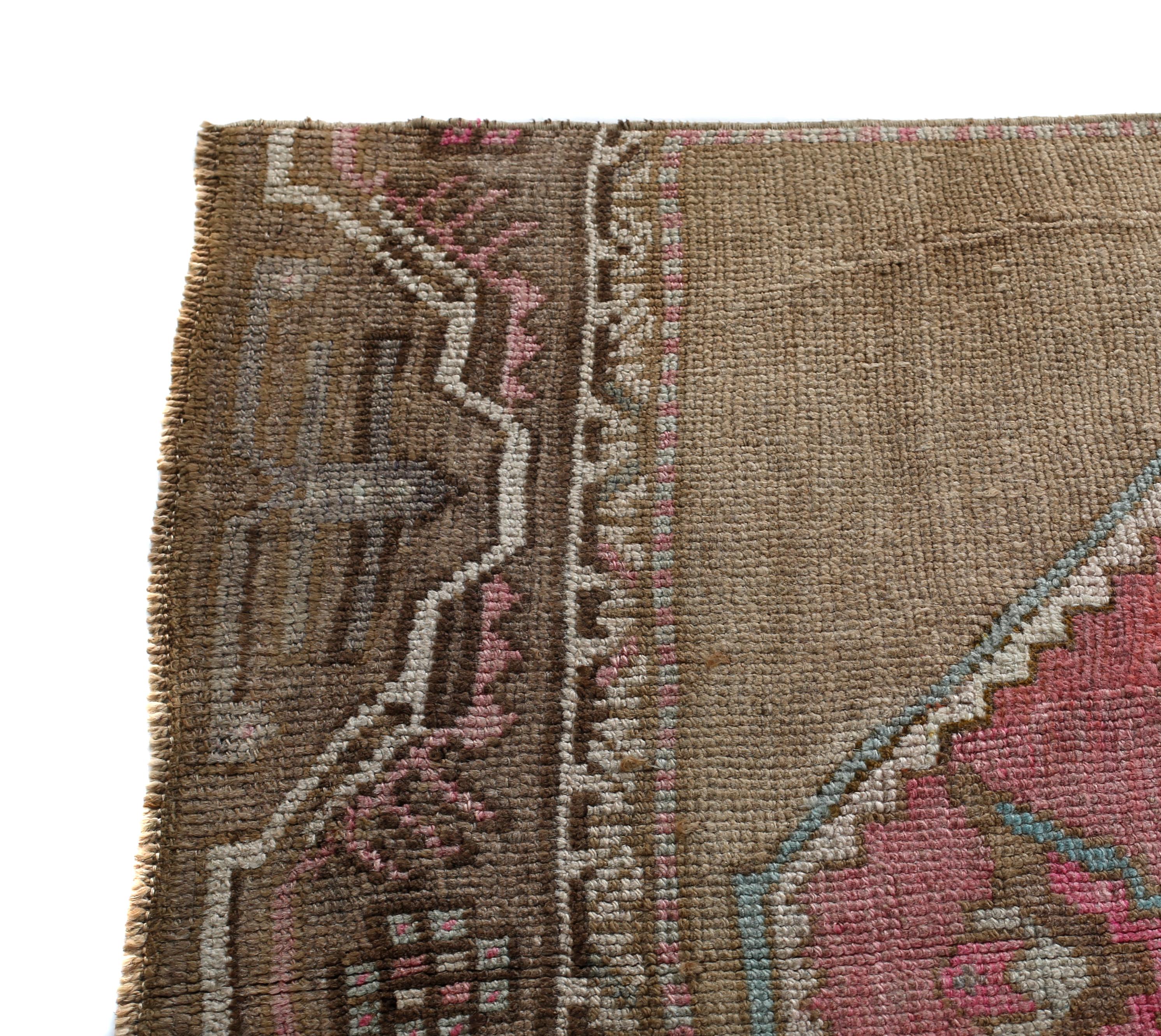 Hand-Knotted Pink, Brown and Blue Handmade Wool Turkish Old Anatolian Konya Rug