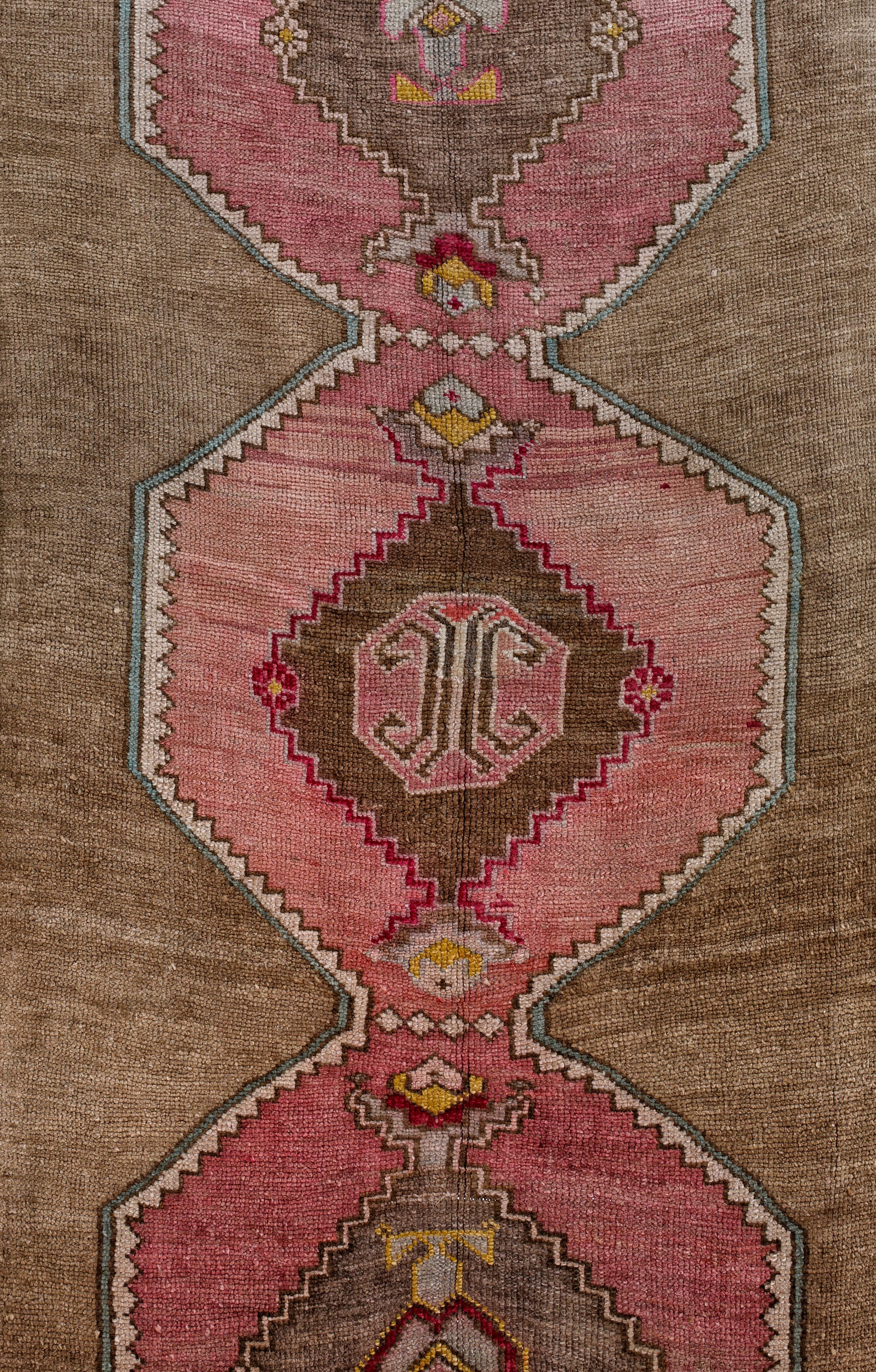 Pink, Brown and Blue Handmade Wool Turkish Old Anatolian Konya Rug In Excellent Condition In North Bergen, NJ