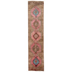 Pink, Brown and Blue Handmade Wool Turkish Old Anatolian Konya Rug
