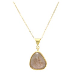 Pink Brown Tourmaline Sliced Gem Pendent Sterling Silver Plated with Yellow Gold