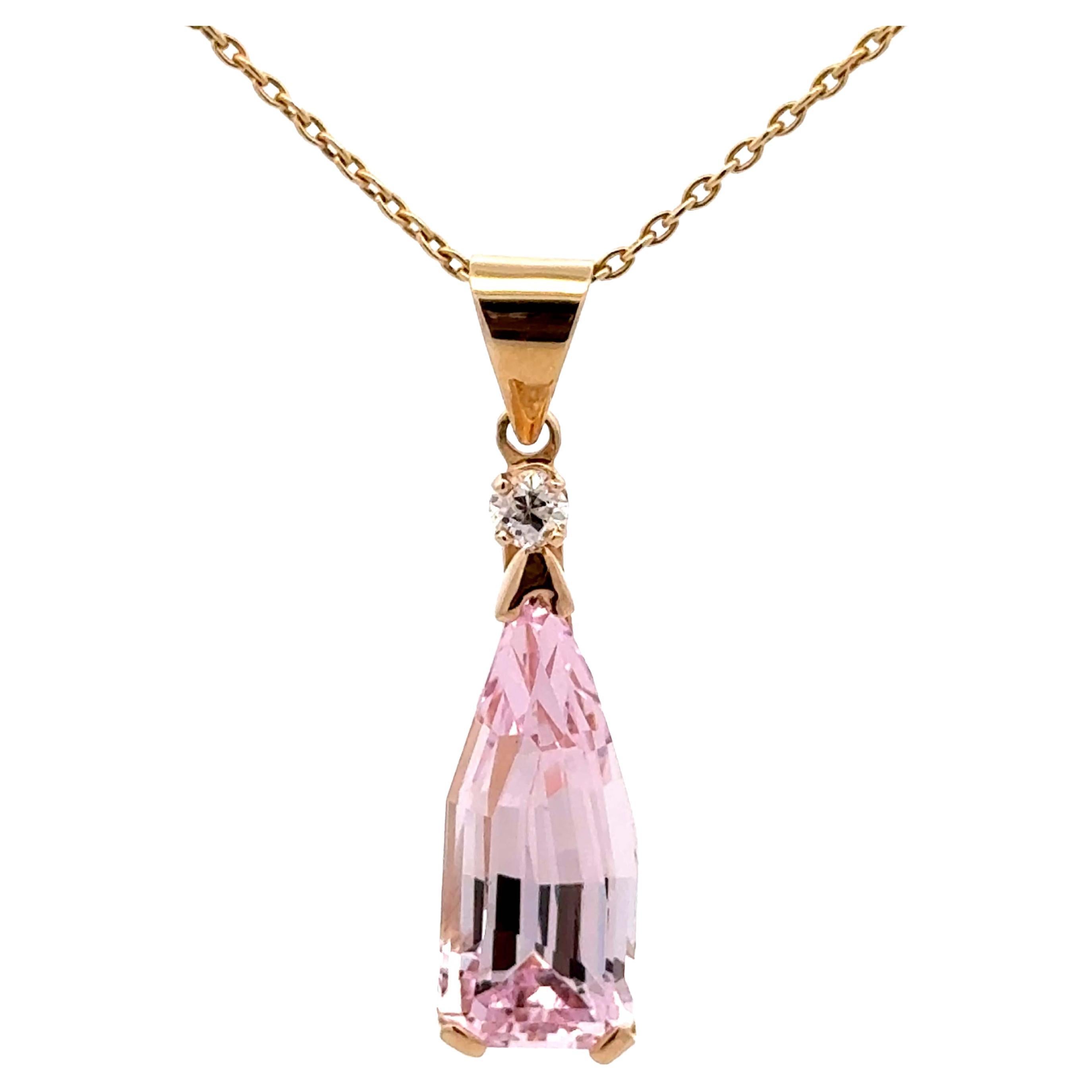 Pink Bullet Shape Kunzite Diamond Necklace 14k Yellow Gold