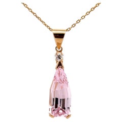Pink Bullet Shape Kunzite Diamond Necklace 14k Yellow Gold