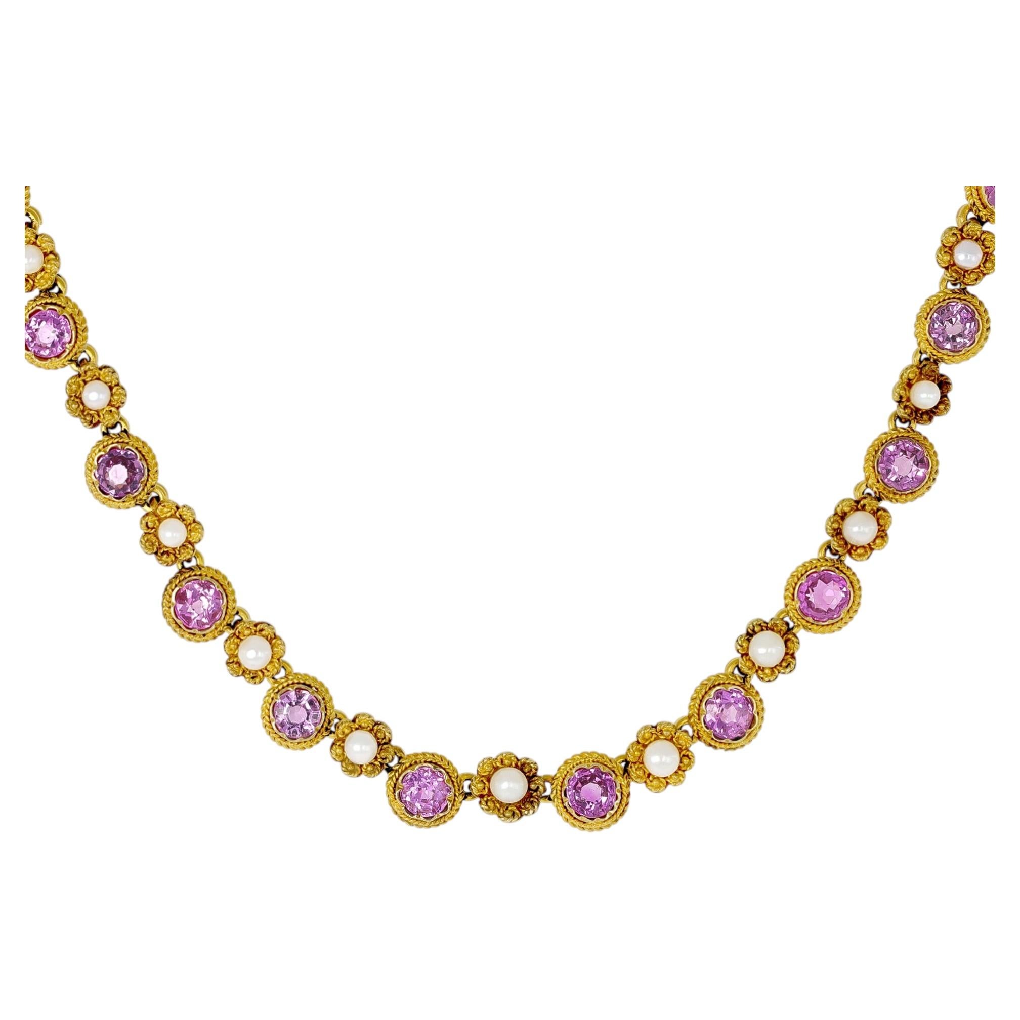 Pink Burmese sapphire and pearl necklace, circa 1880 For Sale