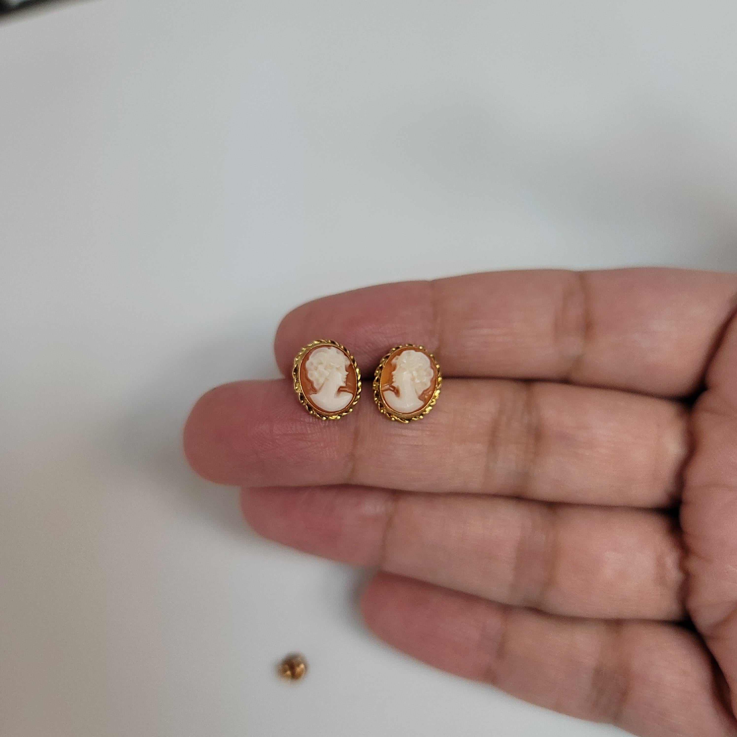 Women's or Men's Pink Cameo Earrings in 14k Yellow Gold  For Sale