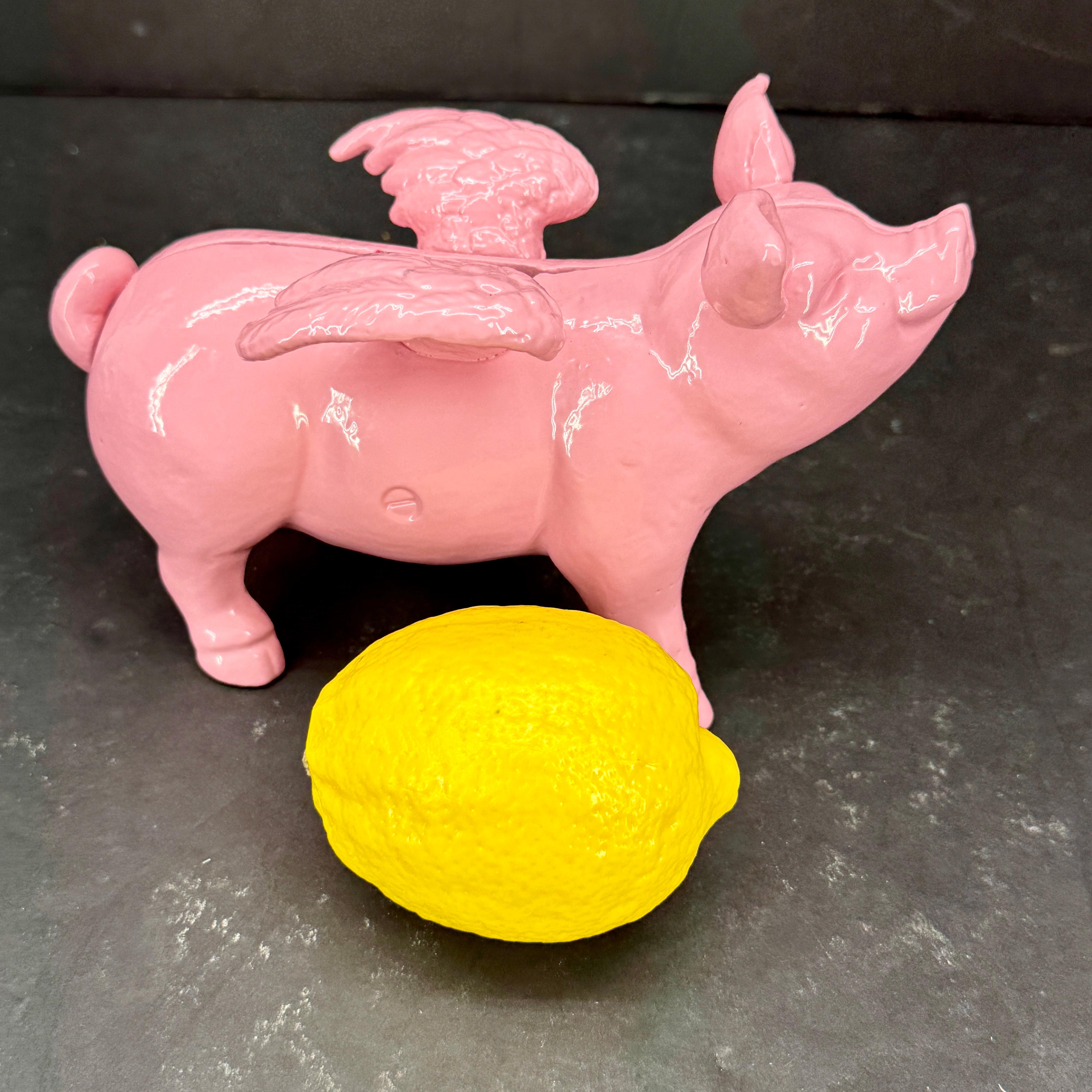 Folk Art Pink Cast Iron Pig Money Bank or Doorstop with Wings, Denmark For Sale