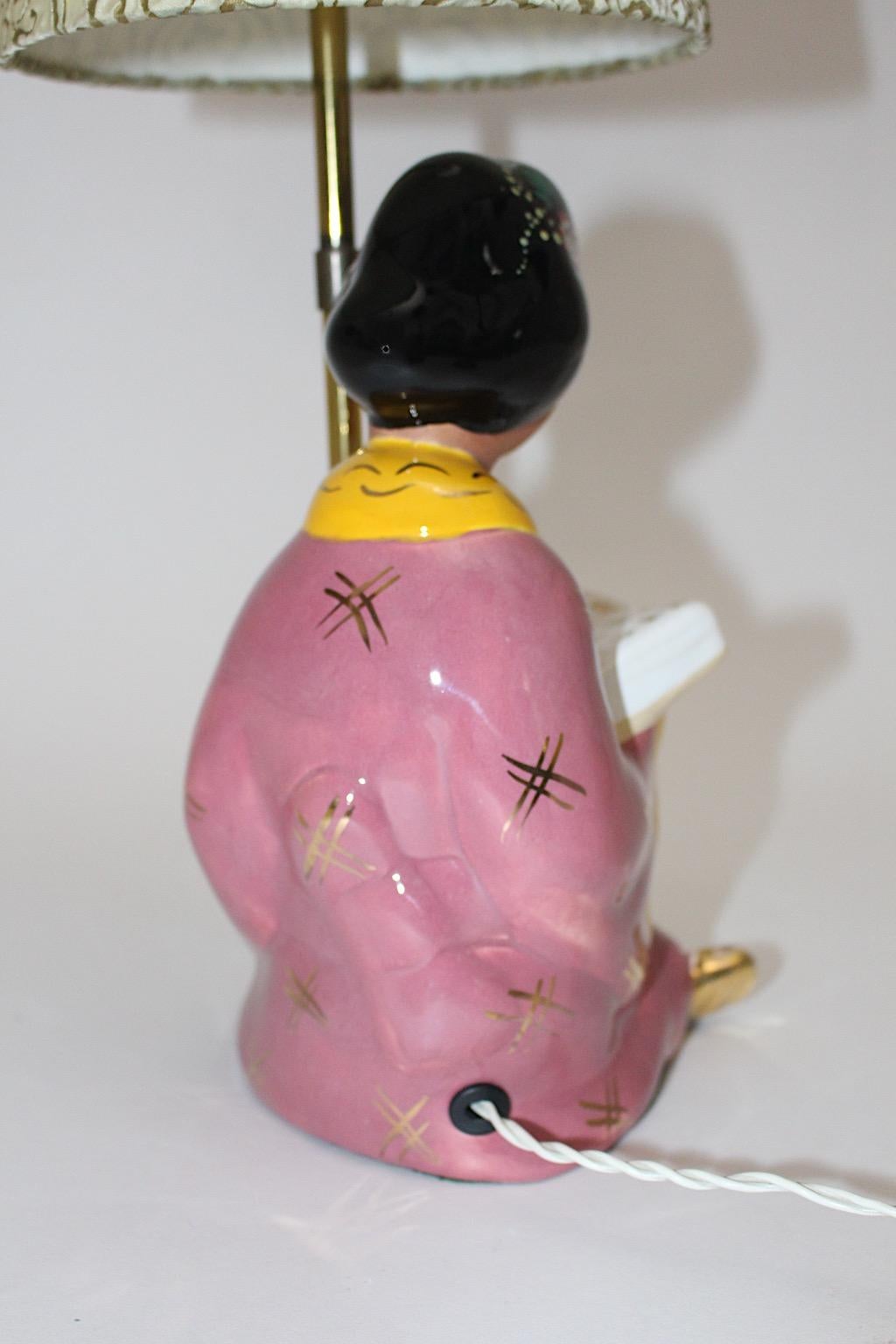 Austrian Pink Ceramic Geisha Chinoiserie Vintage Table Lamp 1950s Carli Bauer Austria For Sale