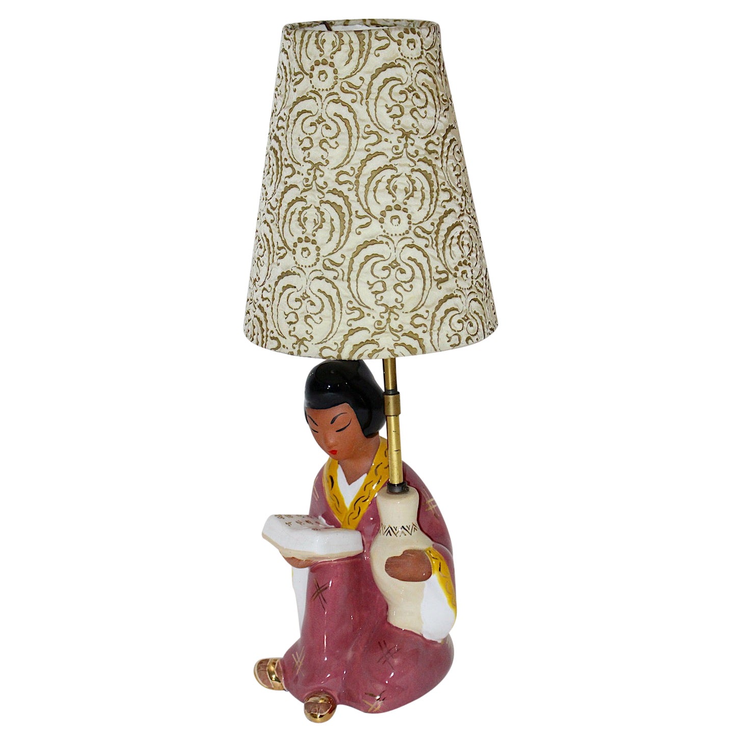 Pink Ceramic Geisha Chinoiserie Vintage Table Lamp 1950s Carli Bauer Austria