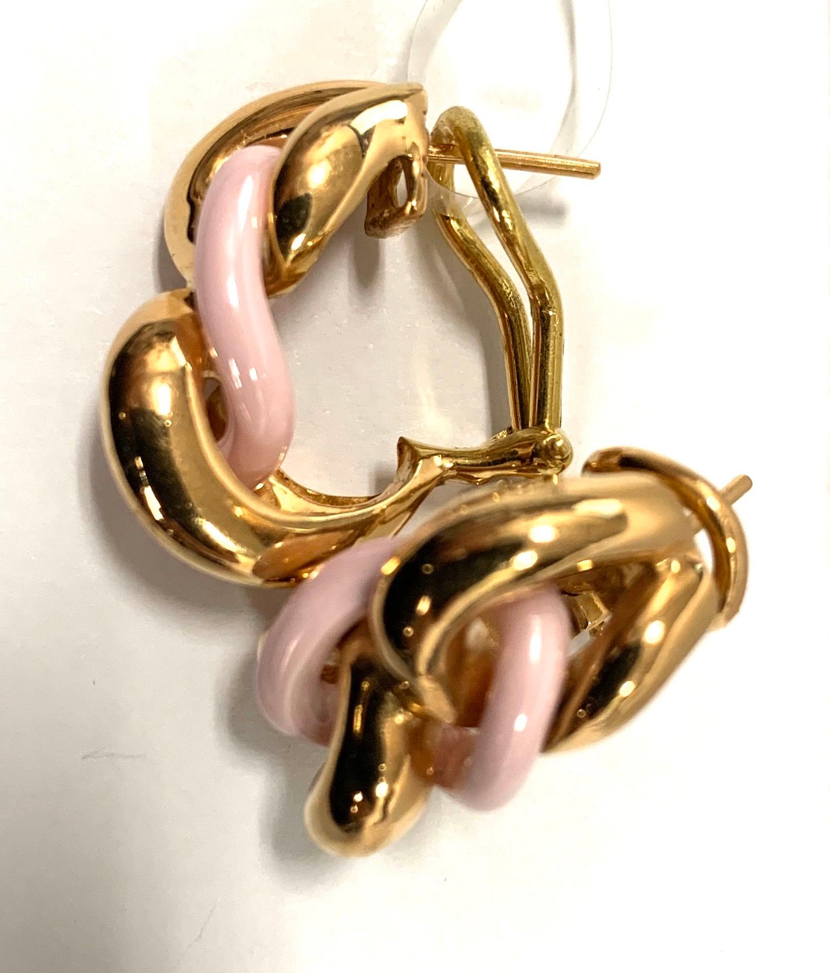 Women's Pink Ceramic Groumette Pair of Earrings 18 Karat Rose Gold
