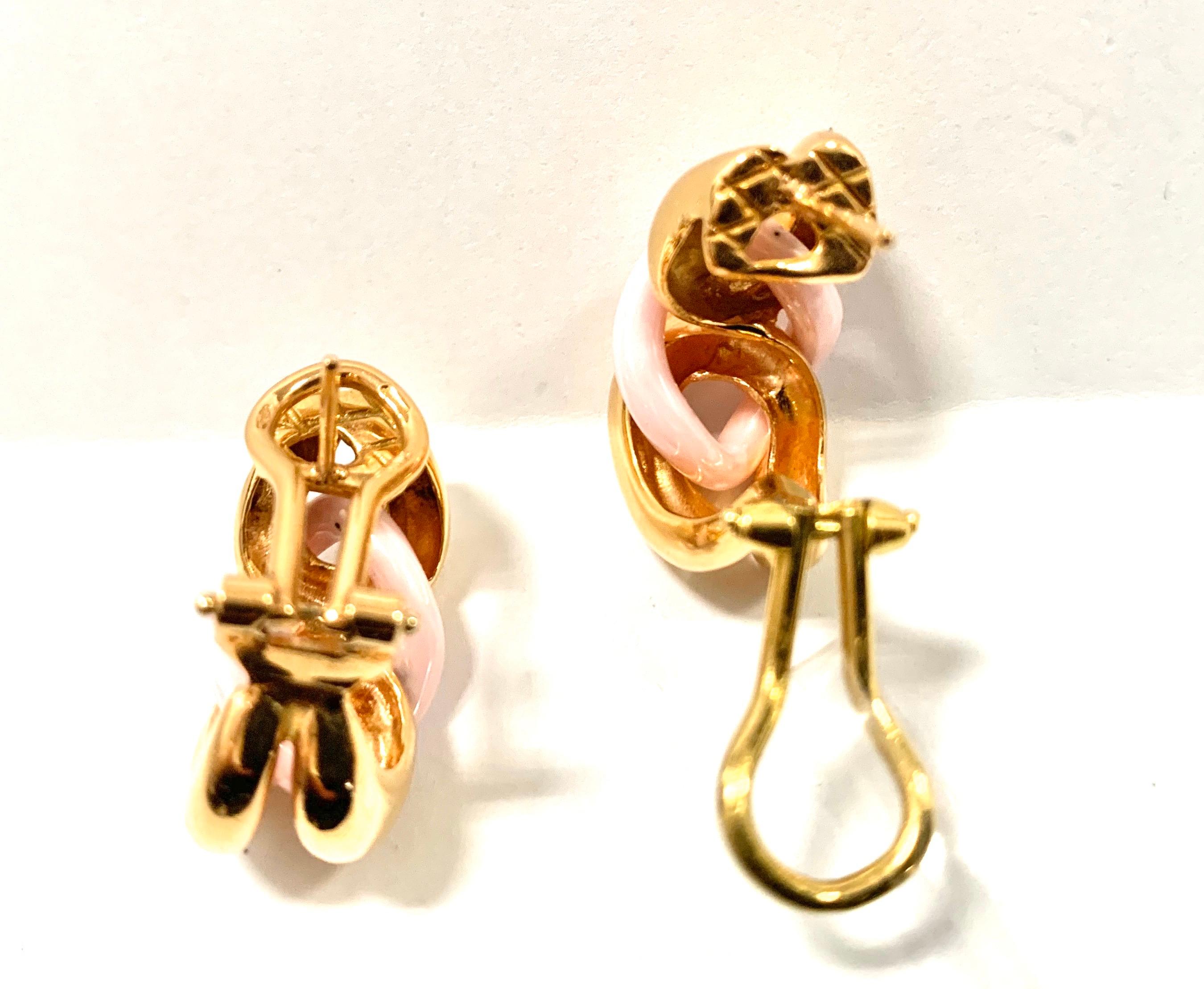 Pink Ceramic Groumette Pair of Earrings 18 Karat Rose Gold For Sale 2