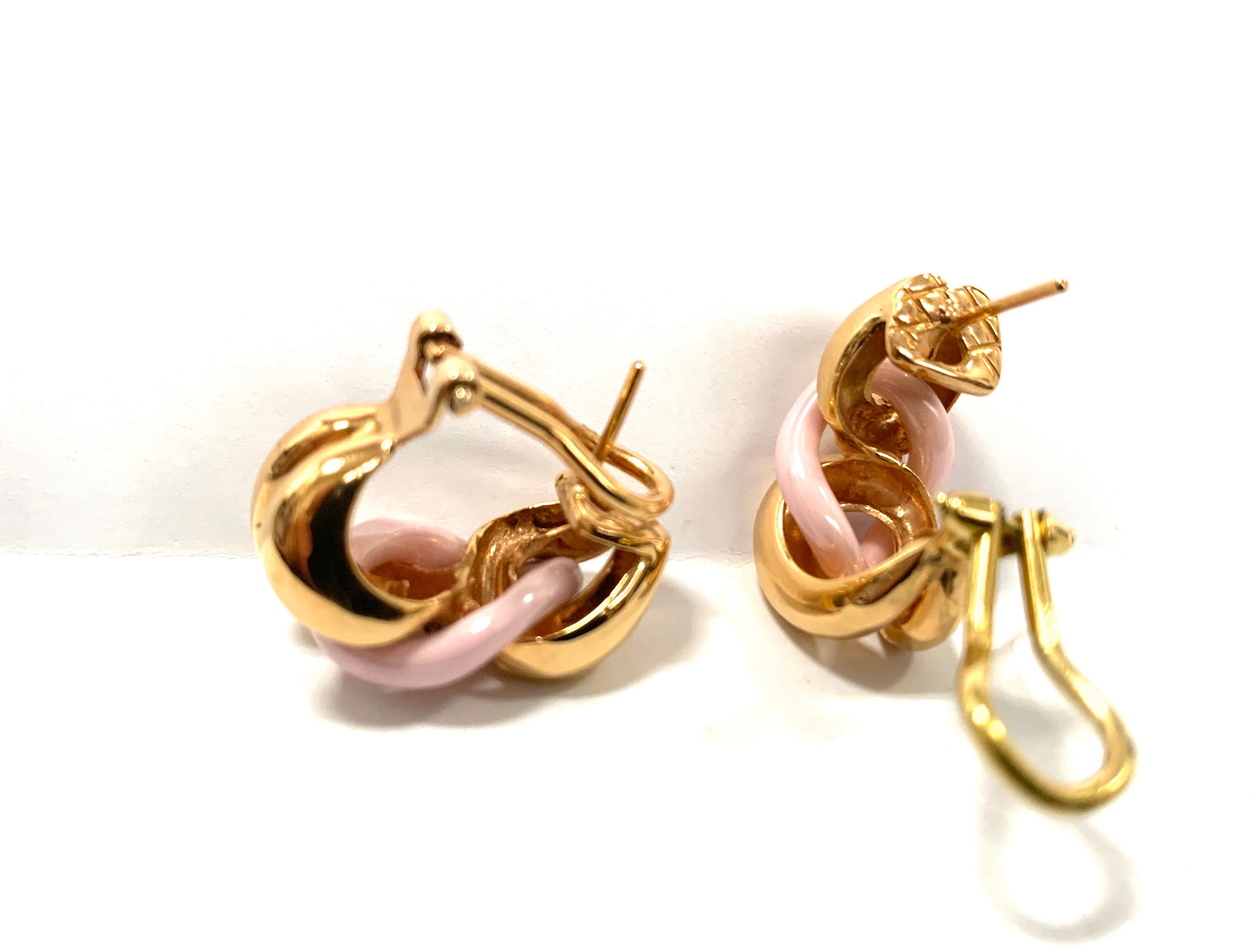 Pink Ceramic Groumette Pair of Earrings 18 Karat Rose Gold 3