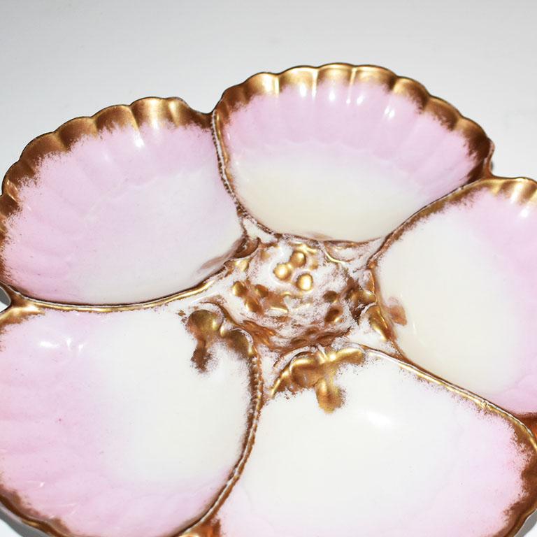 Early 20th Century Pink Ceramic Majolica Oyster Serving Plate Limoges France circa 1891-1914